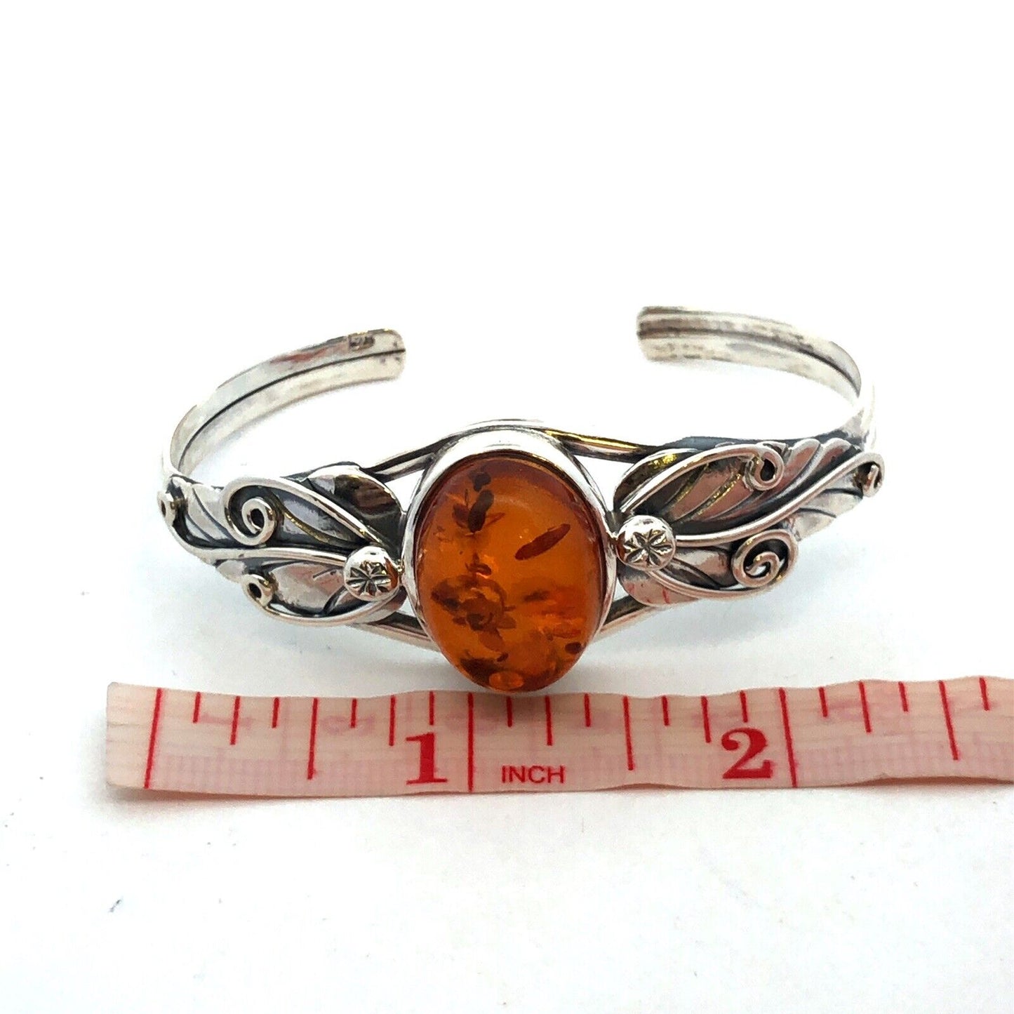 Vintage 925 Sterling Silver Oval Amber Leaves Nature Cuff Bracelet