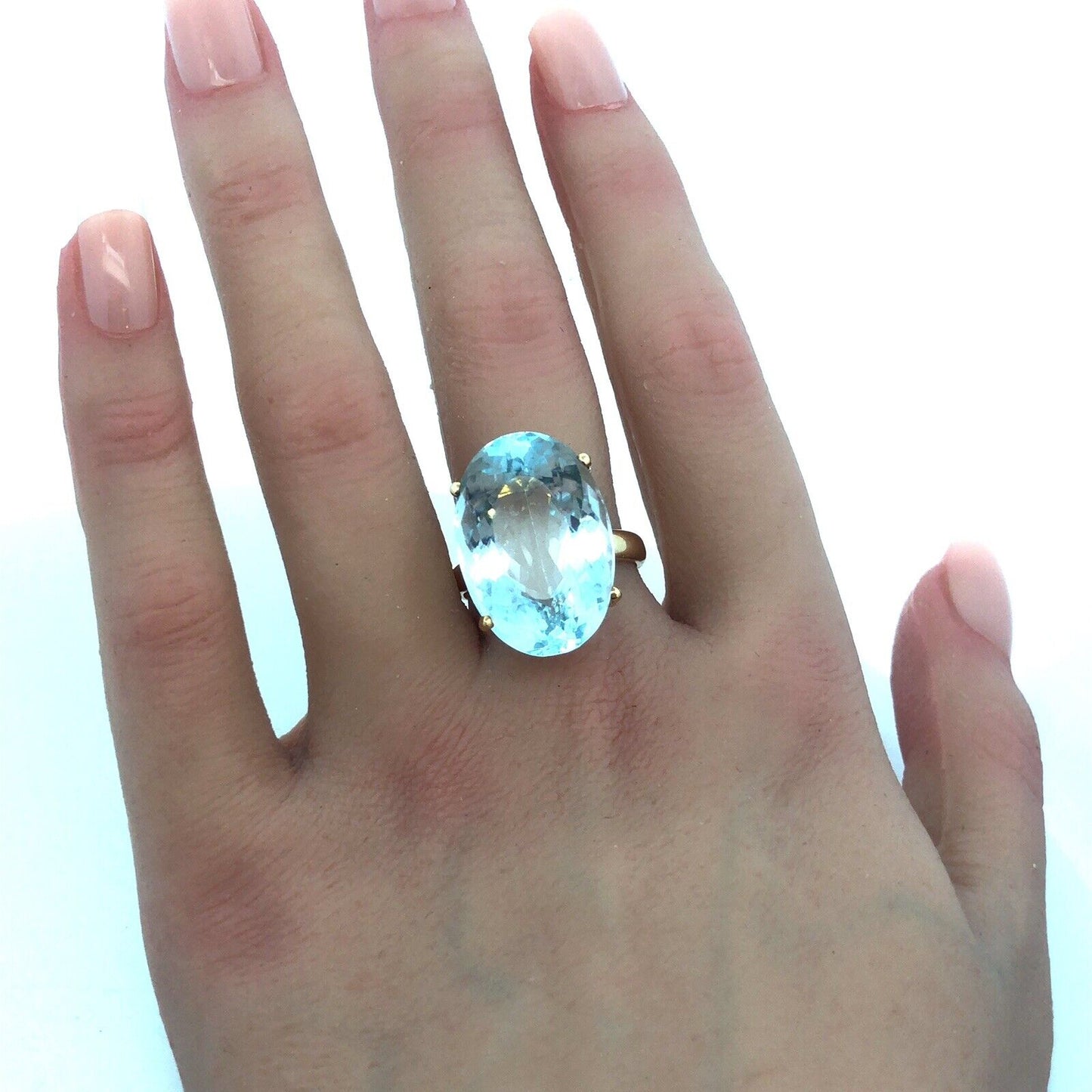 Stunning 14K Yellow Gold Oval Solitaire Blue Topaz Statement Cocktail Ring