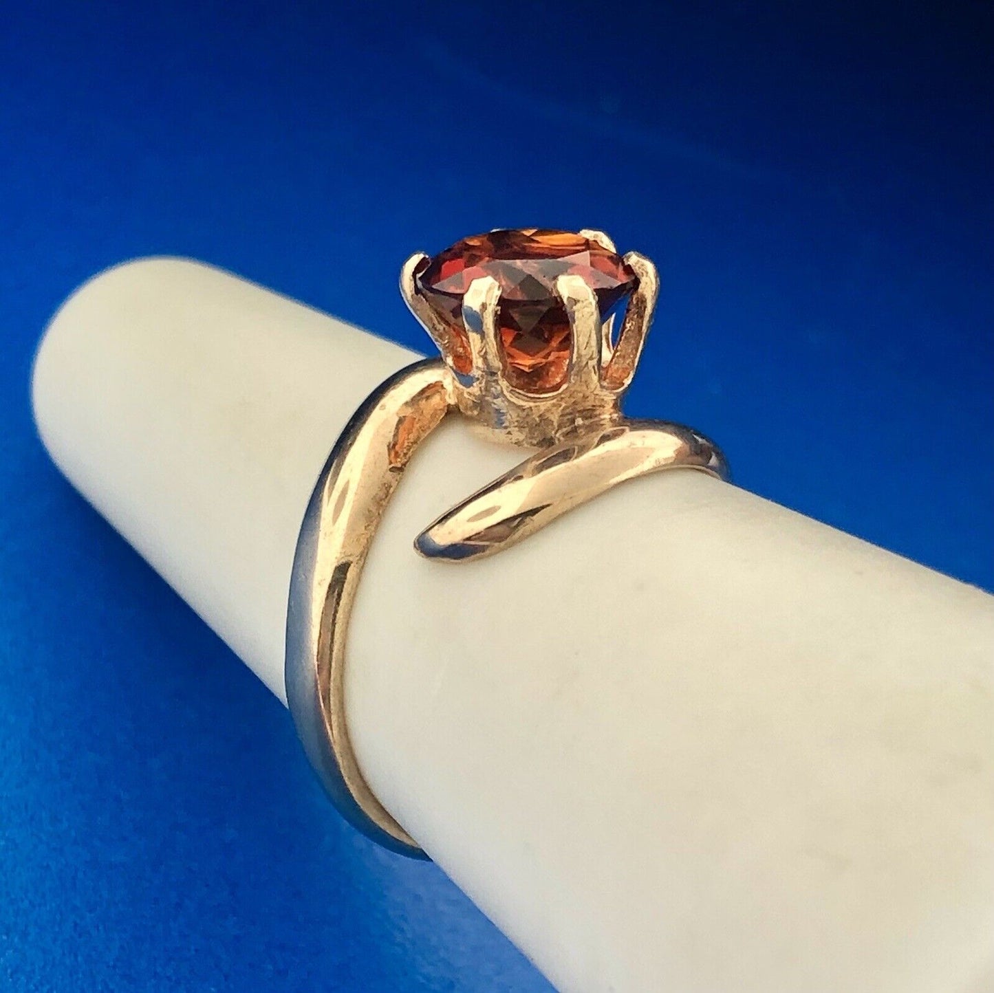Modernist 10K Yellow Gold Orange Tourmaline Solitaire Statement Cocktail Ring