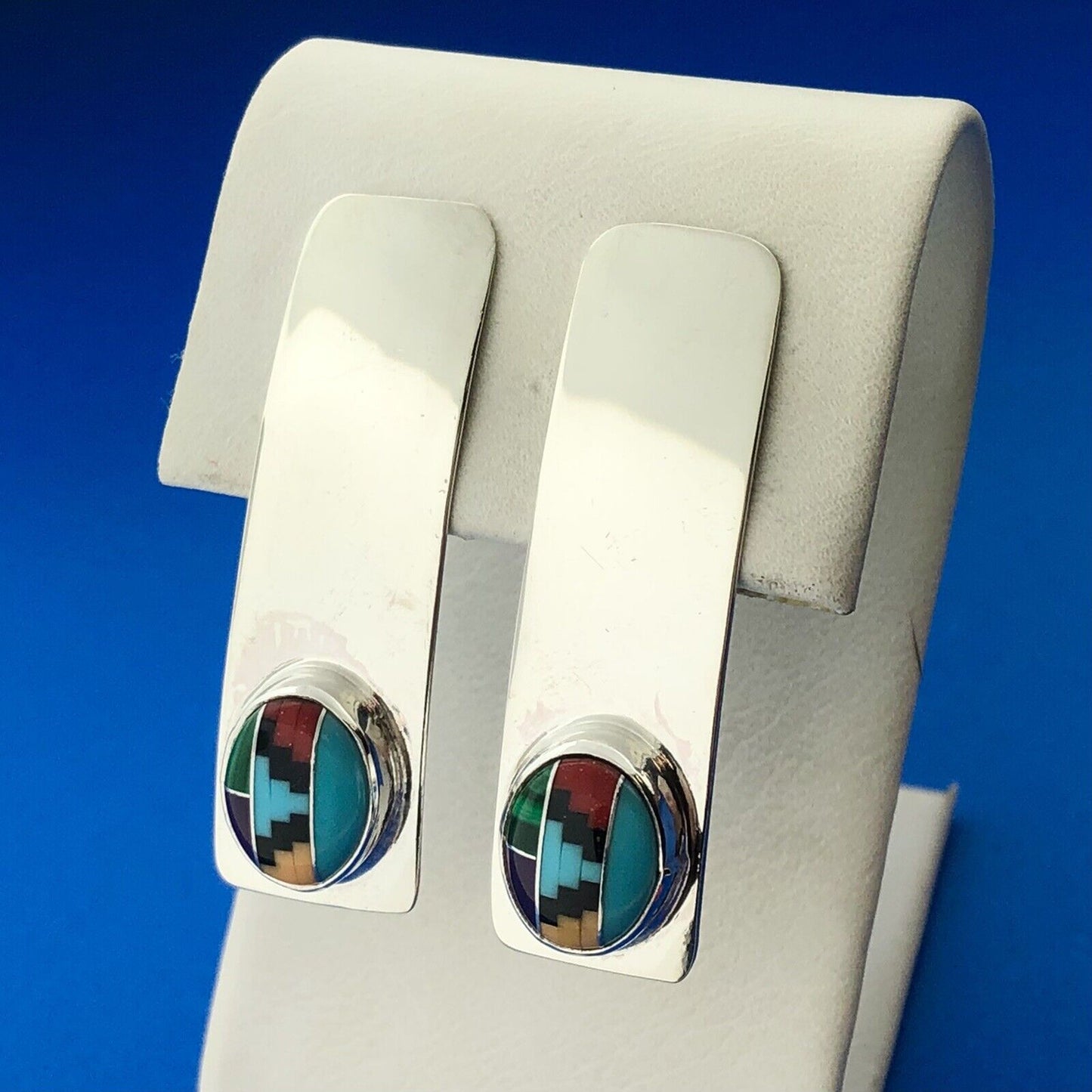 Navajo Designer Willie Saiz Sterling Silver 925 Multi-Stone Inlay Stud Earrings