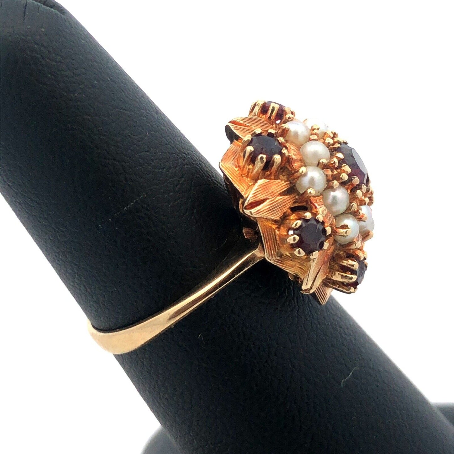 Designer 14k Yellow Gold Round Garnet Pearl Hexagon Cluster Dome Size 6.5 Ring