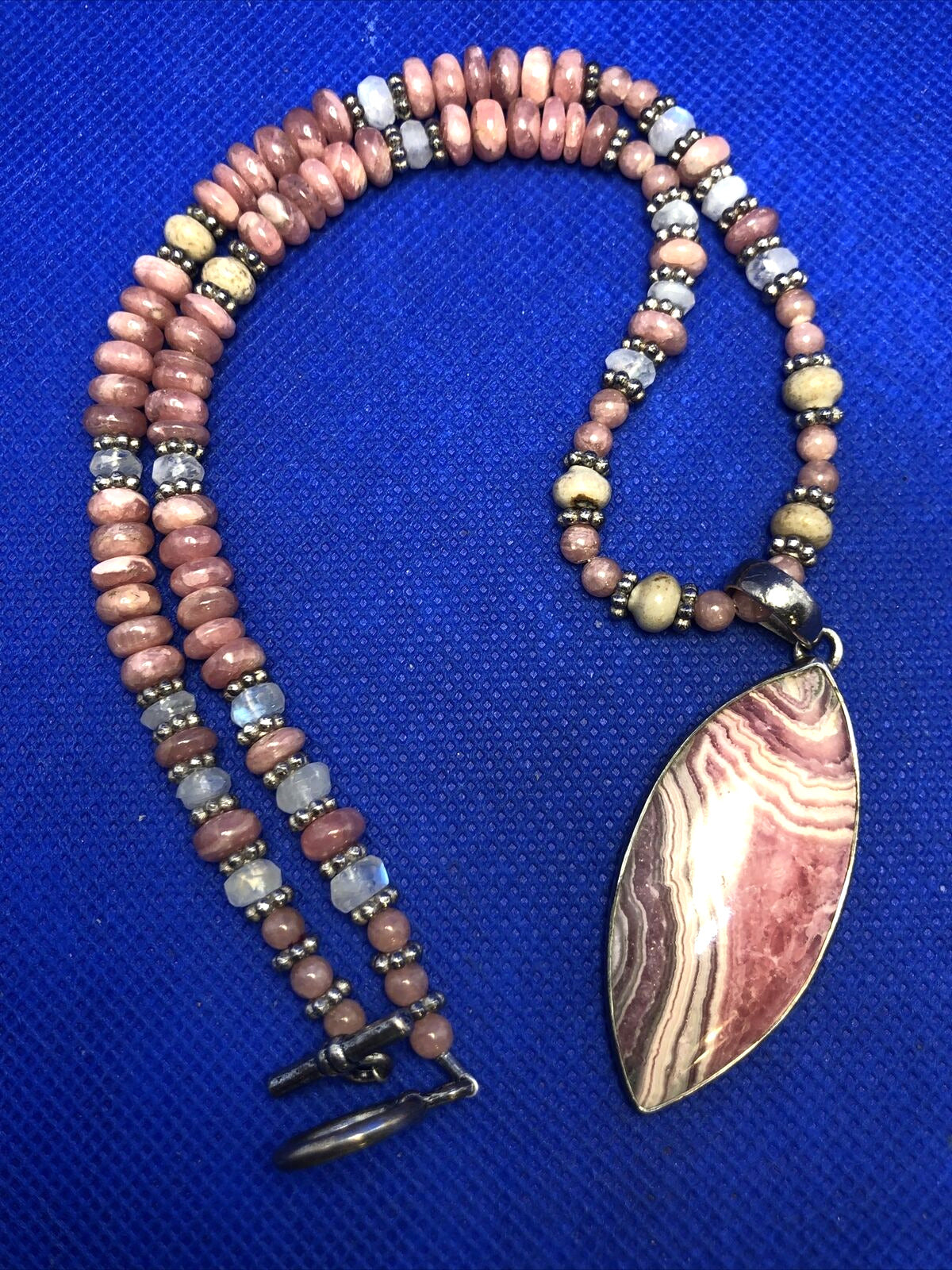 Estate 925 Sterling Silver Rhodochrosite Moonstone Stone Beaded Pendant Necklace