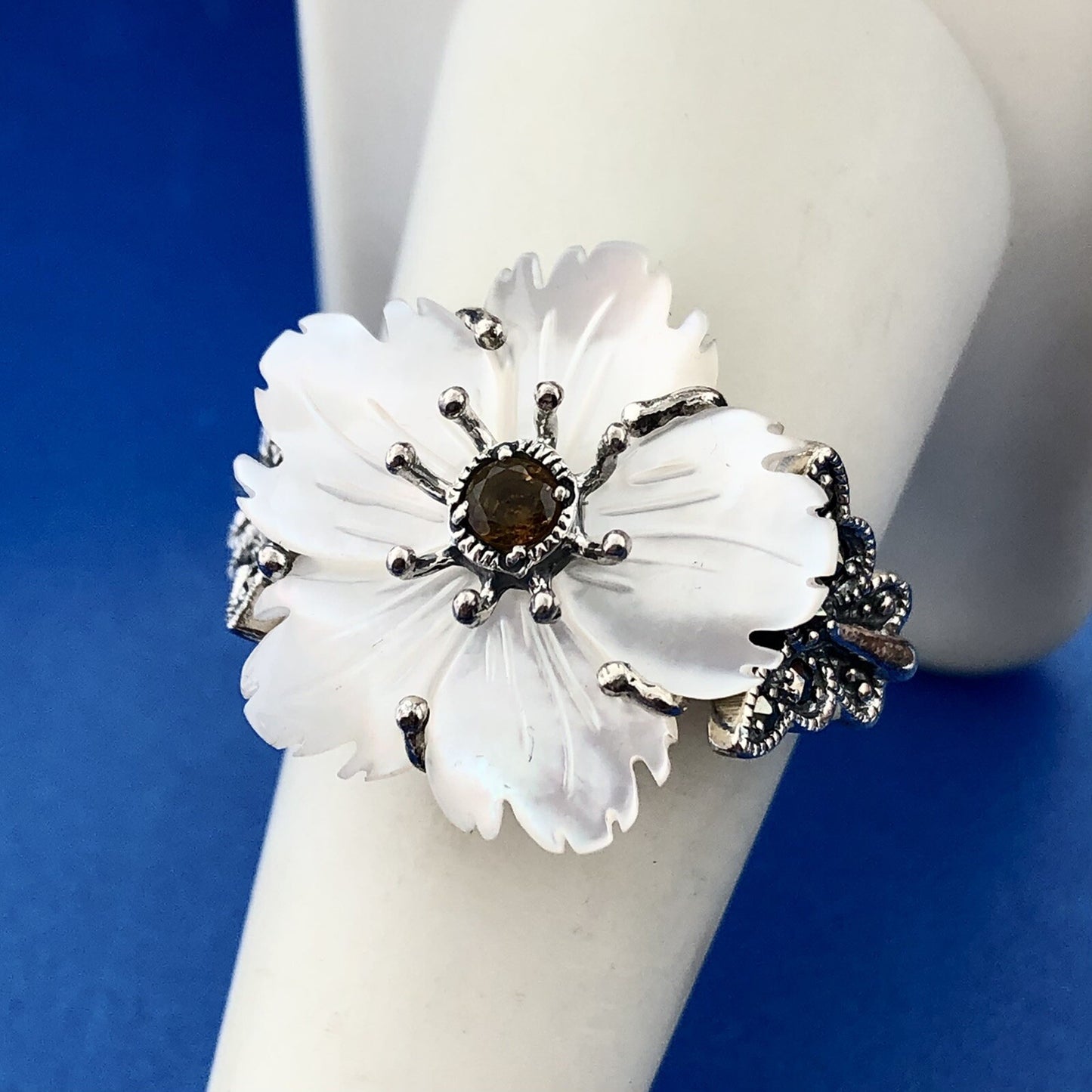 Sterling Silver Citrine Marcasite Mother of Pearl Flower Butterfly Ring Size 9