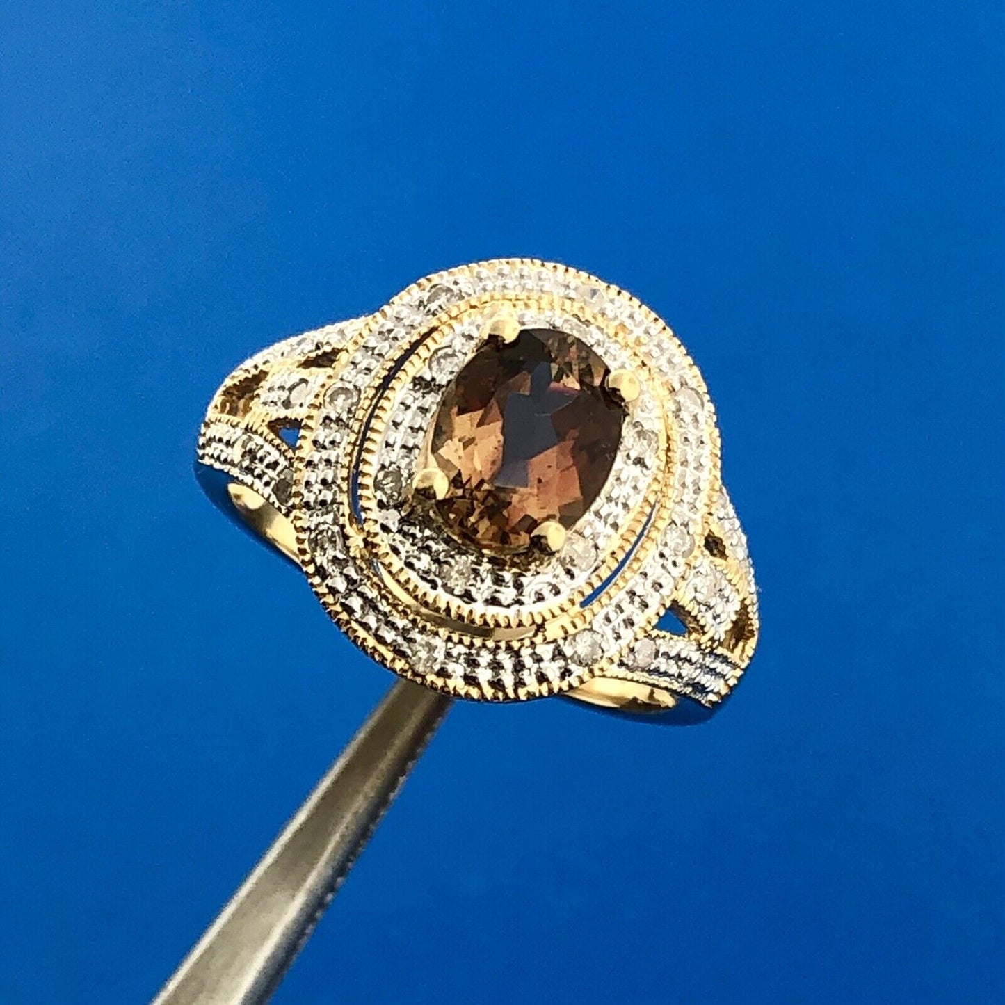 Designer DYACH 14K Yellow Gold Oval Smoky Quartz Diamond Double Halo Ring