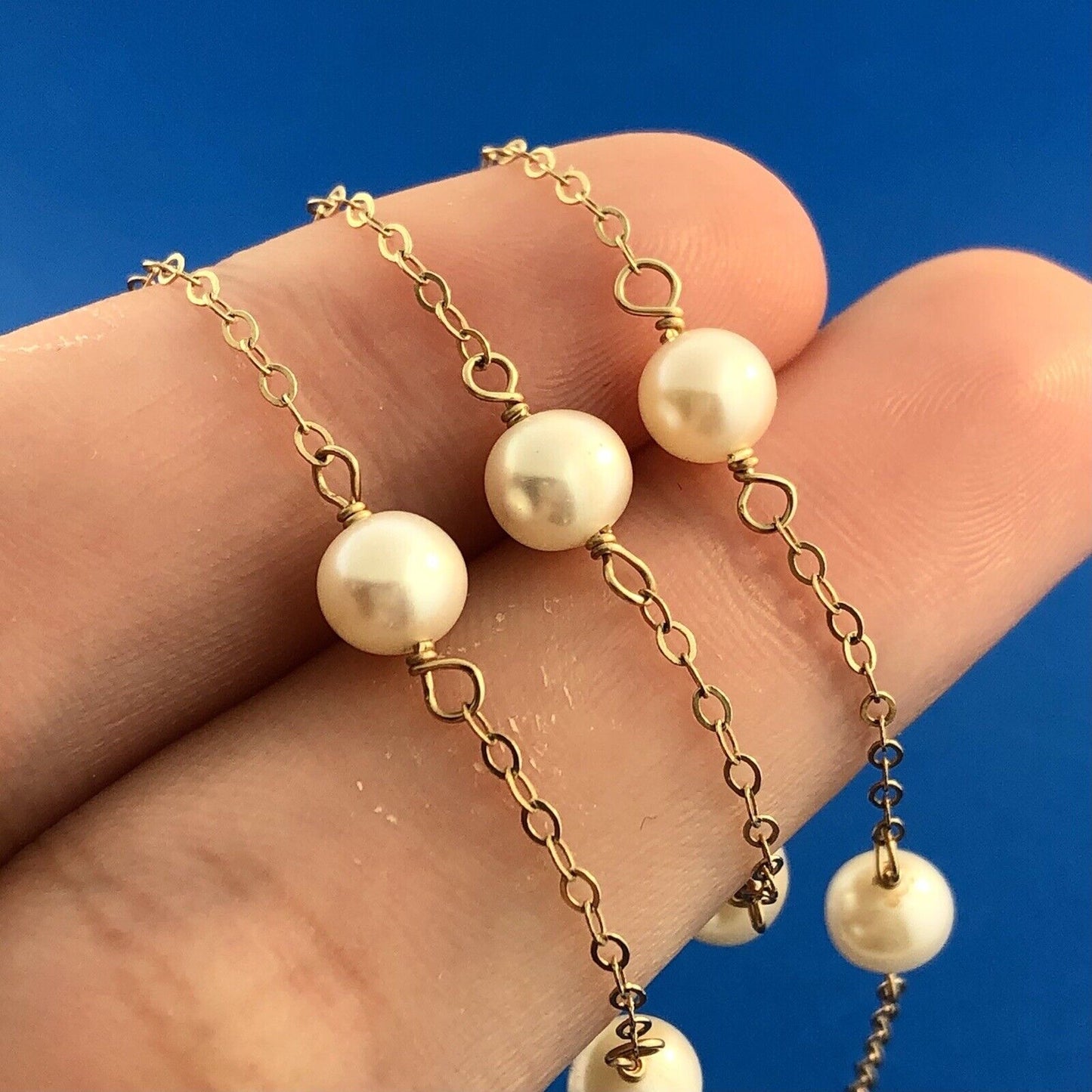 Gorgeous 14k Yellow Gold 6 mm White Pearl Thin Oval Link 16" Chain Necklace