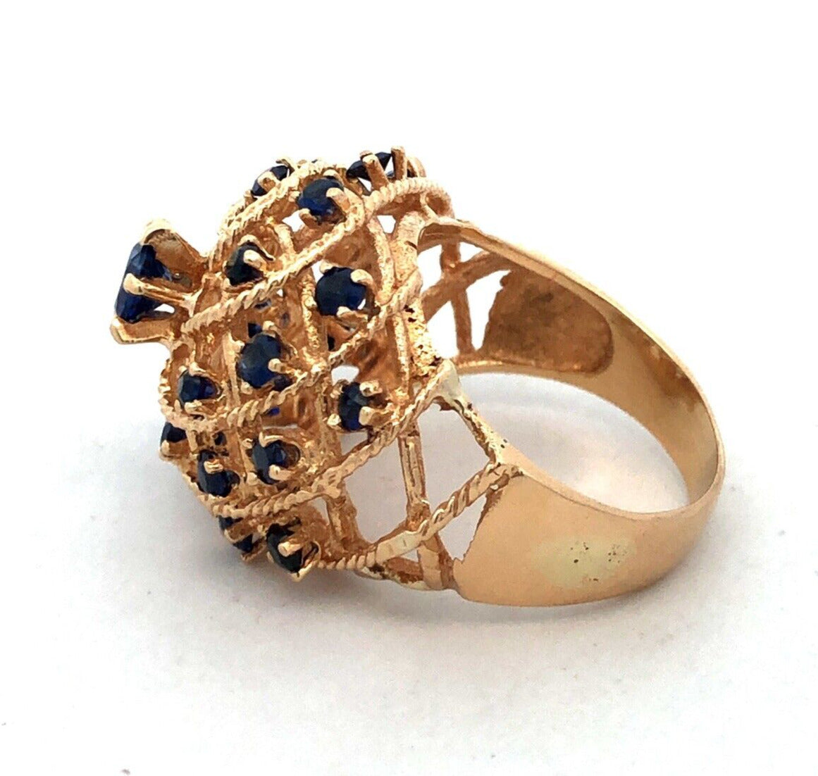 Estate 18K Yellow Gold Blue Sapphire Open Work Harem Cocktail Statement Ring