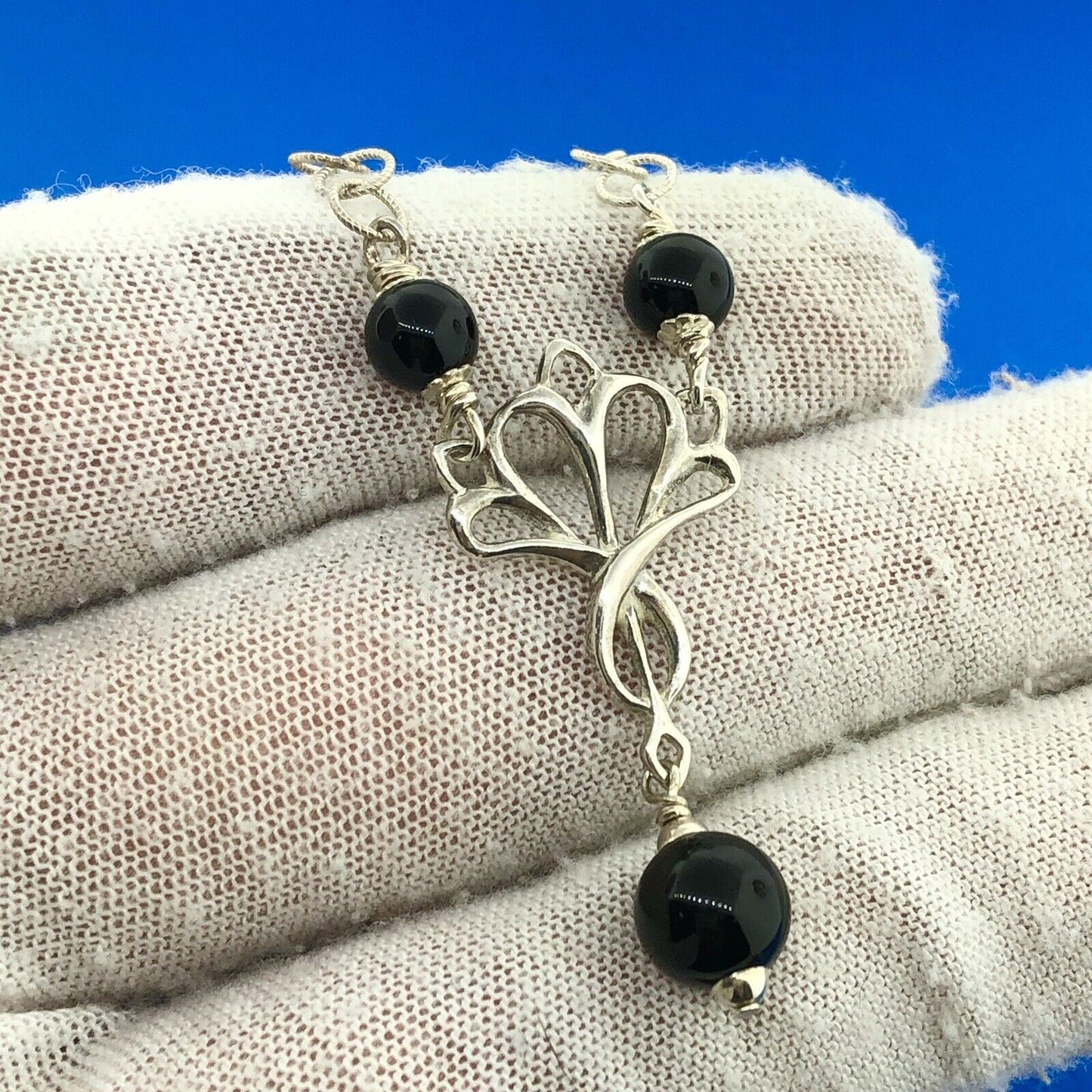 Stunning Sterling Silver 925 Onyx Bead Circle Link 20.5" Pendant Necklace