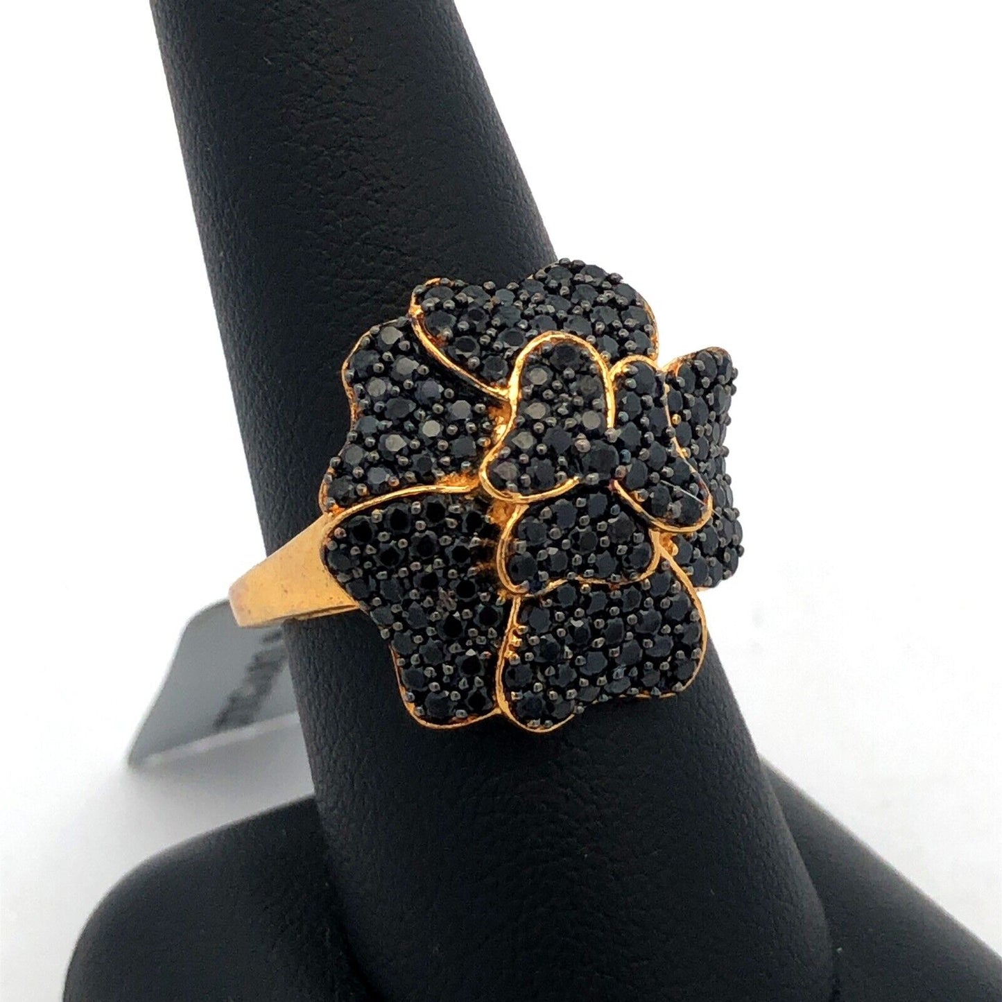 Designer TGGC Sterling Silver Gold Vermeil Black Spinel Flower Statement Ring
