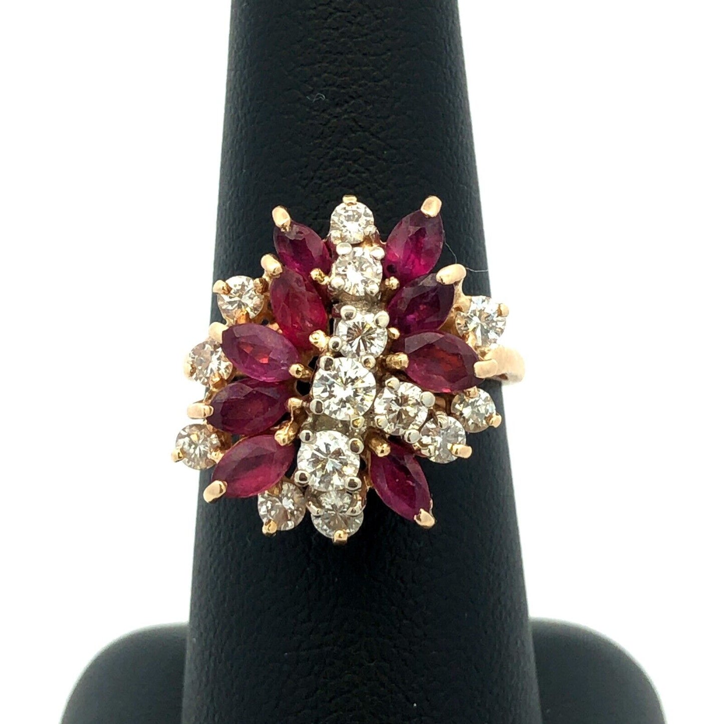 14K Yellow Gold Marquise Ruby Diamond Cluster Waterfall Ring