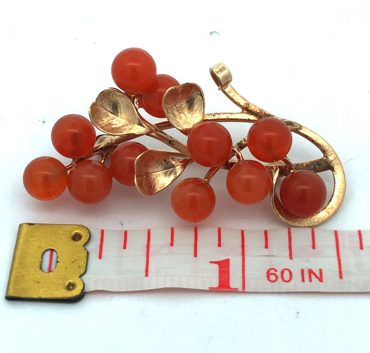 Estate 14K Yellow Gold Carnelian Bead Berry Vine Statement Brooch Pin Pendant