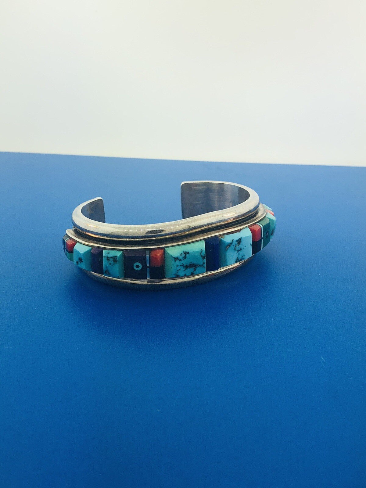Native American 925 Sterling Silver Turquoise Multi Gem Cuff Bracelet Ronnie