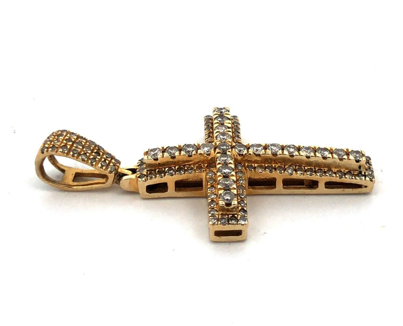 Estate 10K Yellow Gold Round Diamond Encrusted Cross Pendant