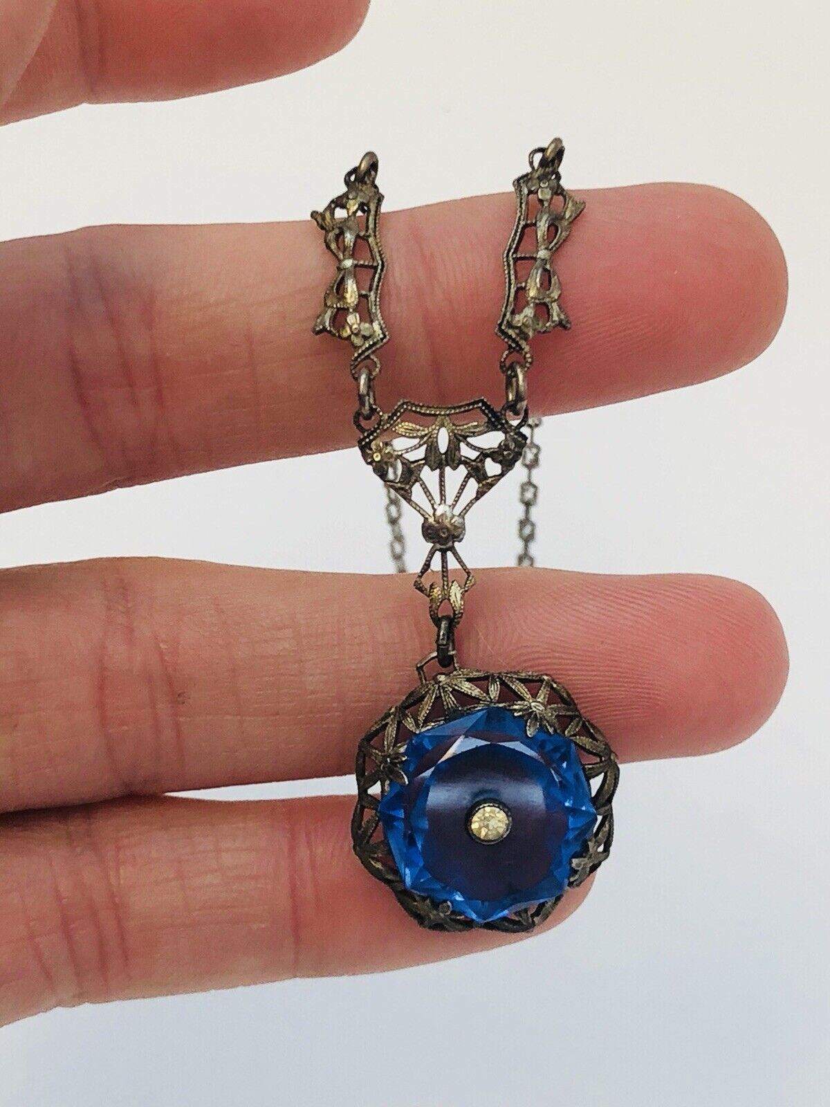 Art Nouveau Art Deco Sterling Silver Cobalt Glass Rhinestone Filigree Necklace