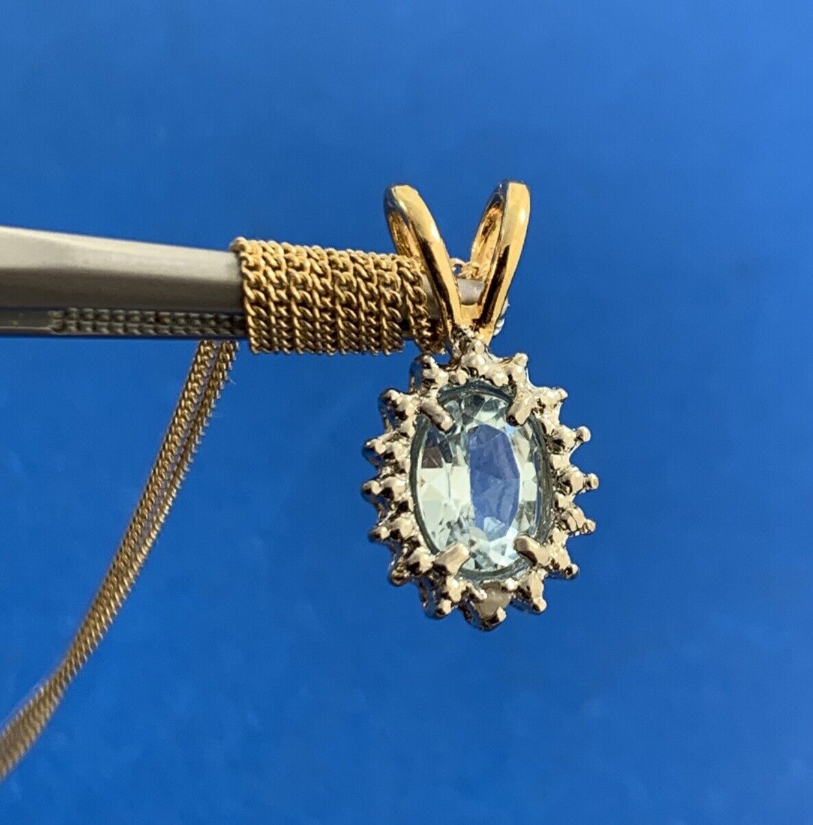 Designer 925 Sterling Silver Vermeil Two Tone Oval Blue Topaz Diamond Necklace