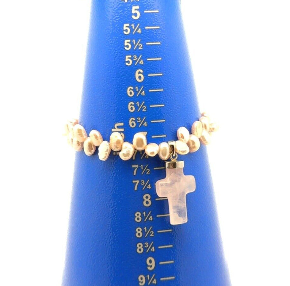 Estate 925 Sterling Silver Pink Rose Quartz Cross Charm Pearl Beaded Bracelet
