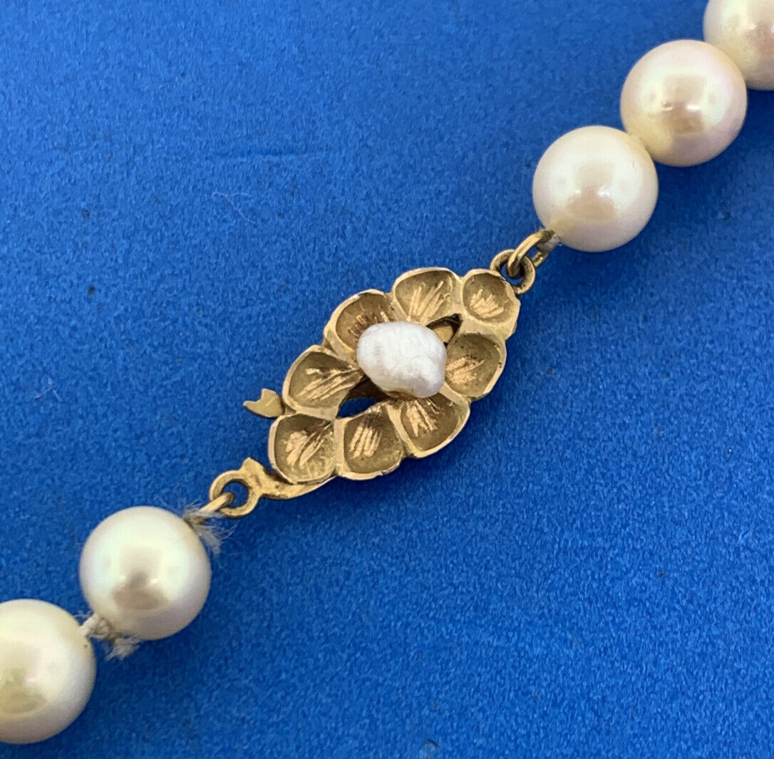 Vintage 14K Yellow Gold Hand Knotted Ivory Pearl Necklace