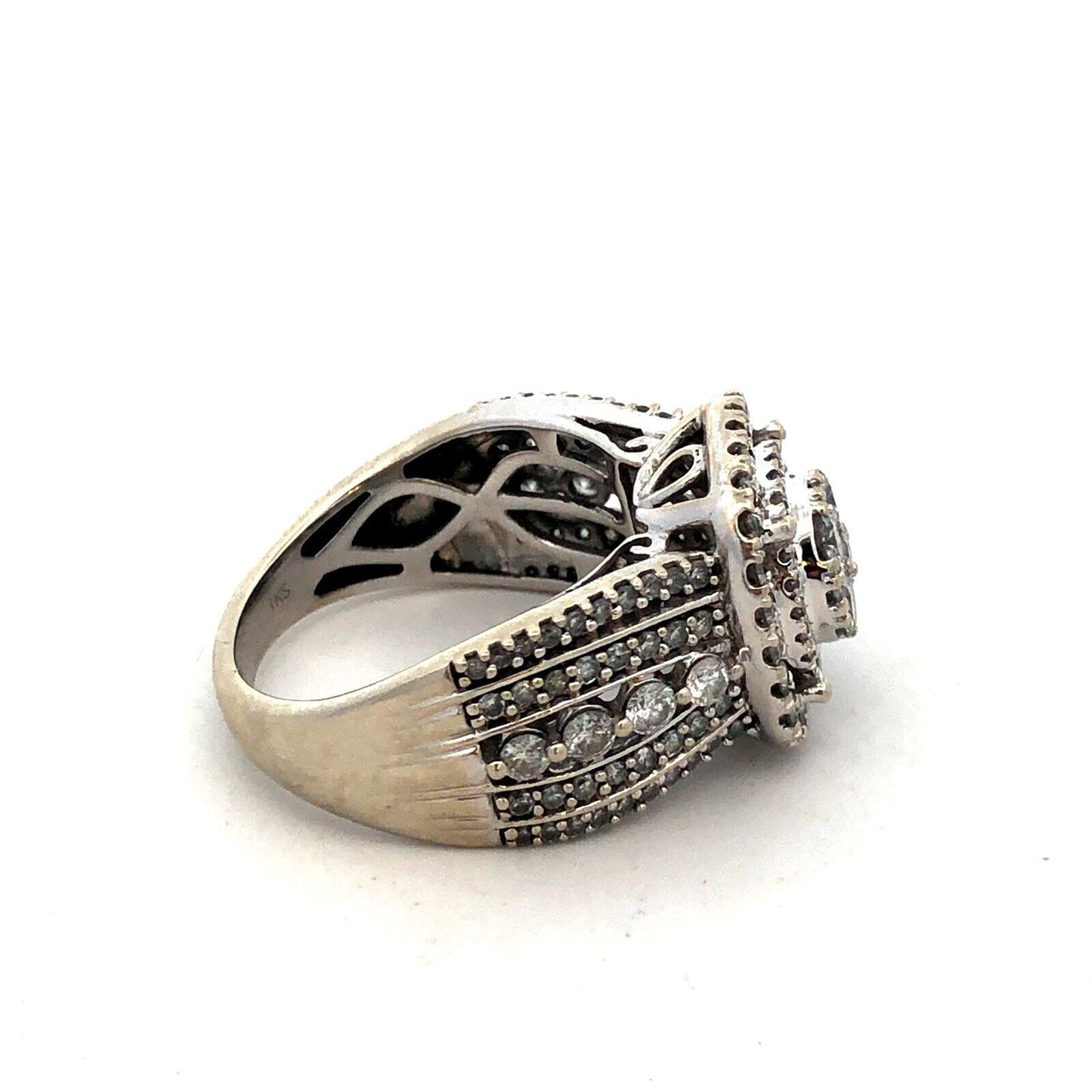 Designer IKS 10K White Gold Round Diamond Cluster Halo Statement Engagement Ring