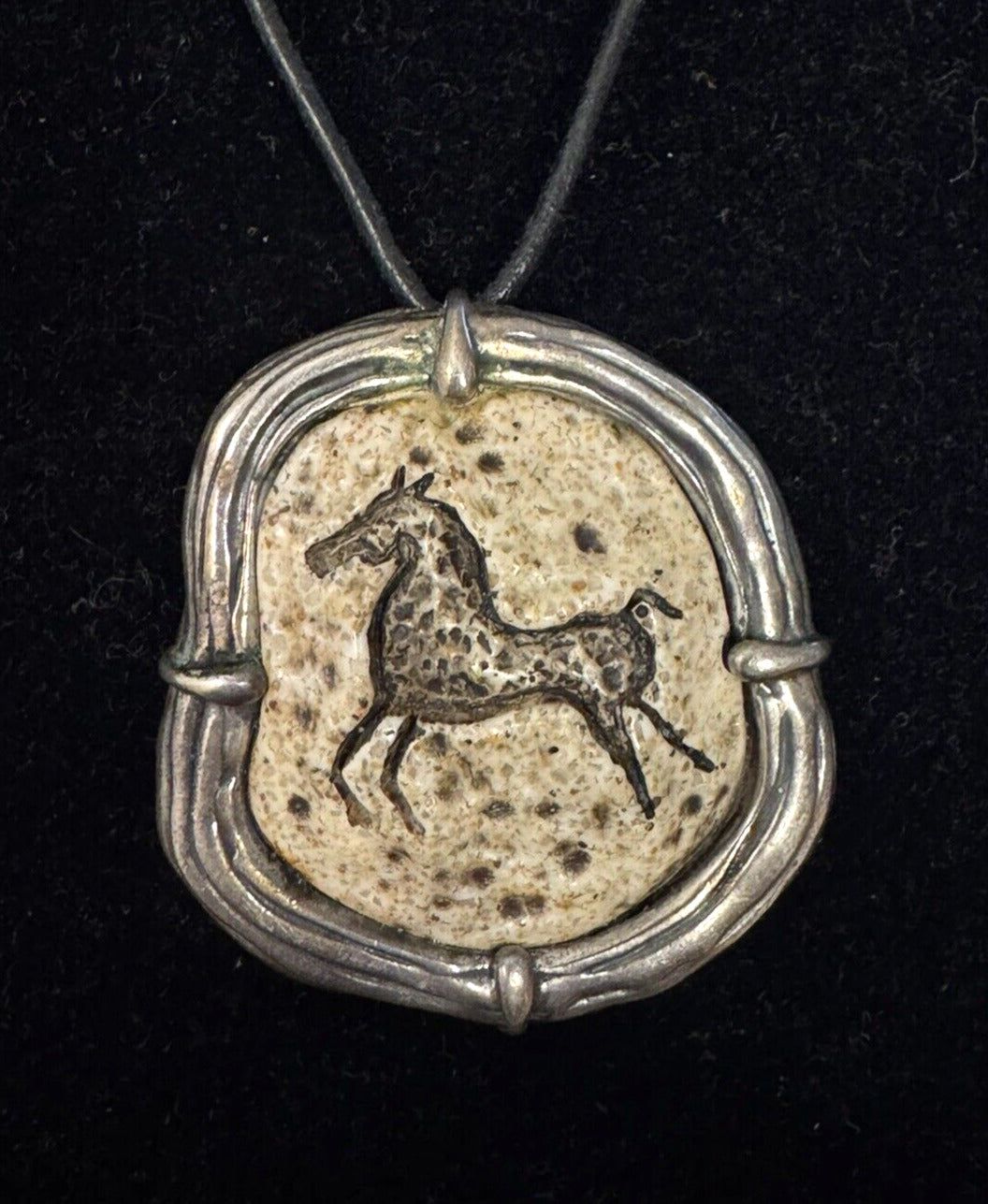 Vintage Sterling Silver Stone Carved Horse Statement Pendant Leather Necklace