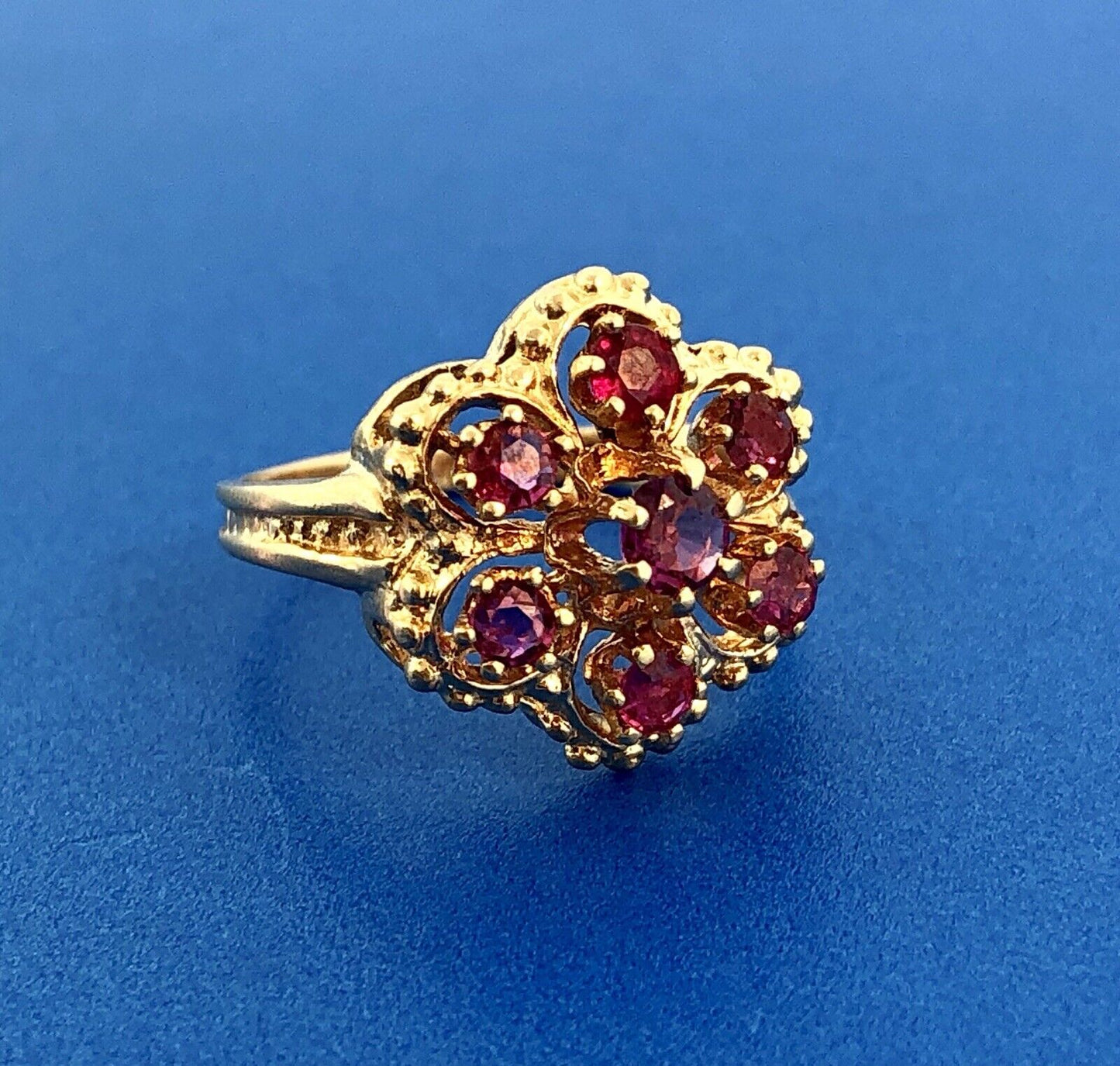 Perfect 14K Yellow Gold Ruby Flower Cluster July Anniversary Sweetheart Ring