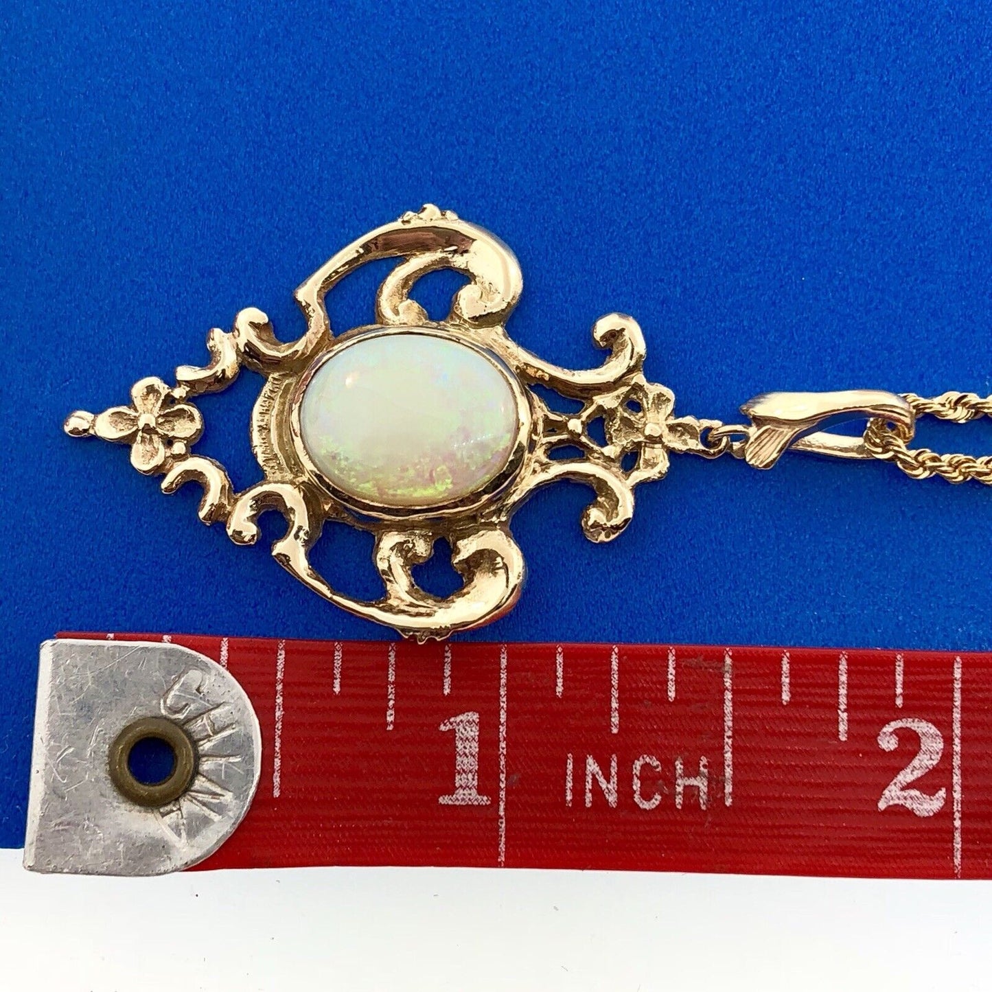 Vintage 14K Yellow Gold Opal Open Scroll Work October Statement Pendant Necklace