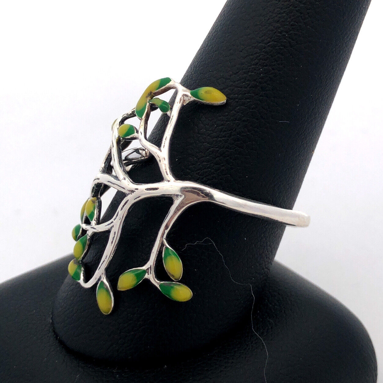 925 Sterling Silver Vintage Green Enamel Tree Of Life Leaves Nature Ring