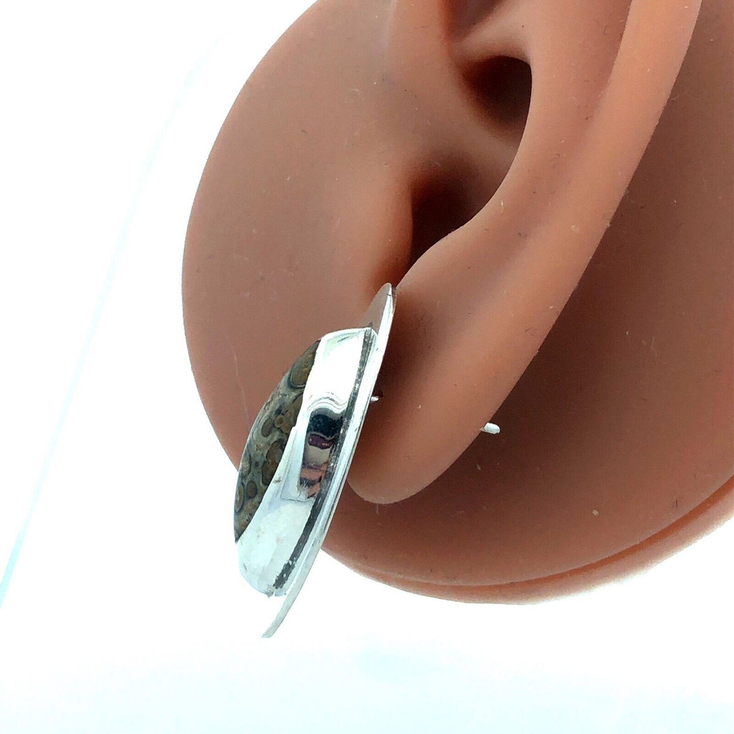 Vintage Mexico 925 Sterling Silver Oval Leopard Skin Jasper Stud Earrings