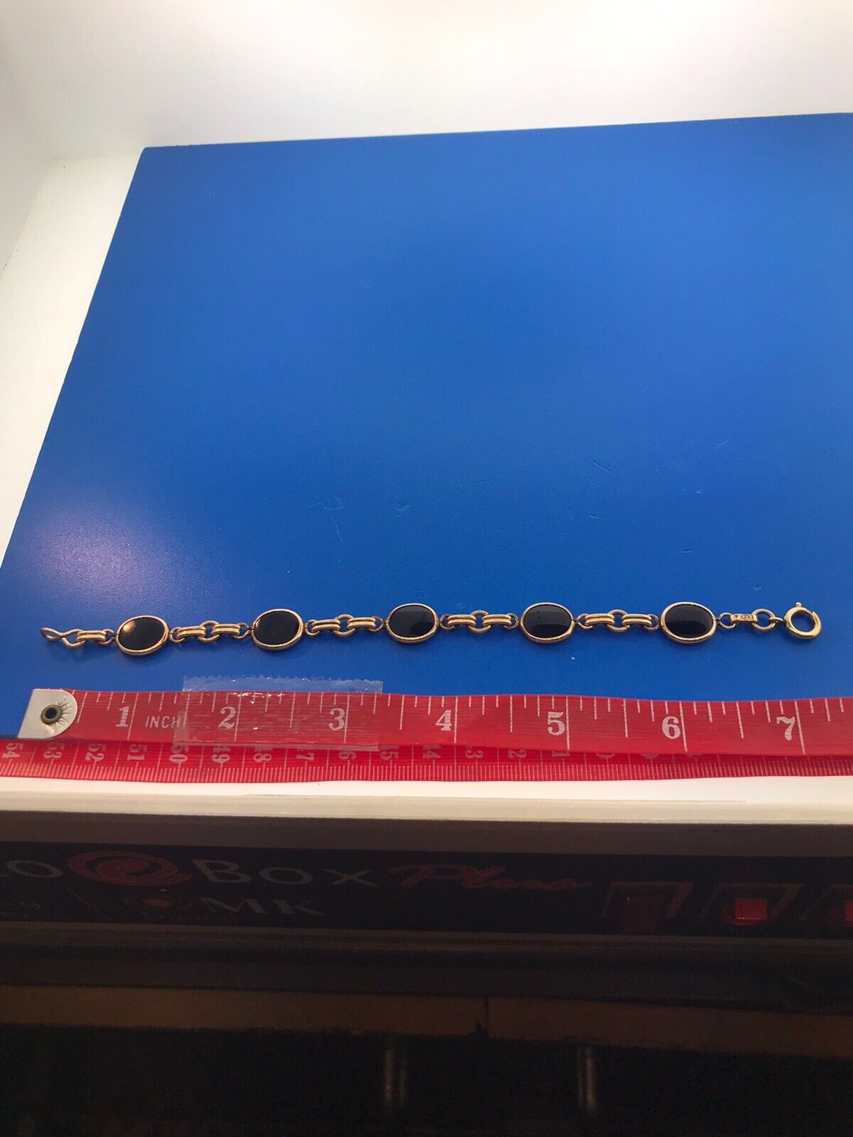 Art Deco 1/20th 12K Gold Filled Oval Black Onyx Cabochon Panel Link Bracelet