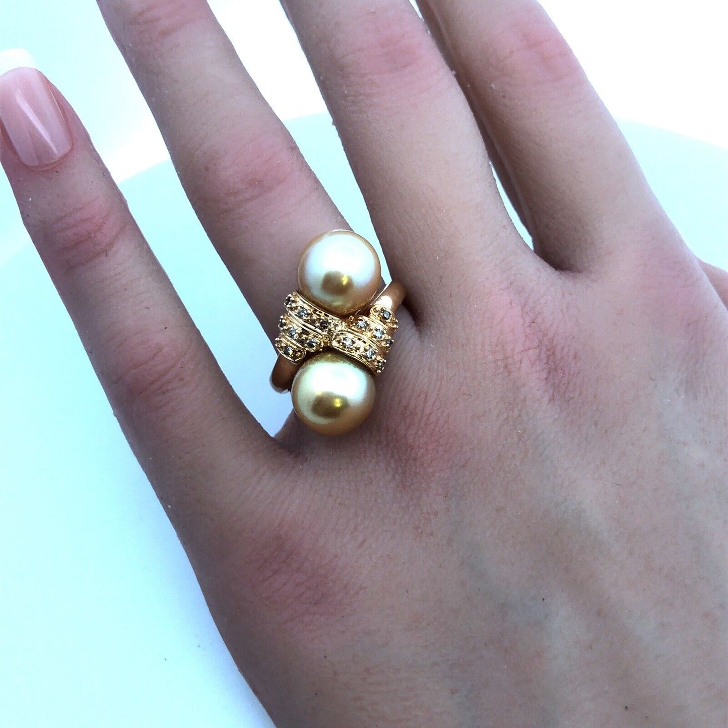 Designer 14K Yellow Gold Champagne Pearl Diamond Accented Bypass Cocktail Ring