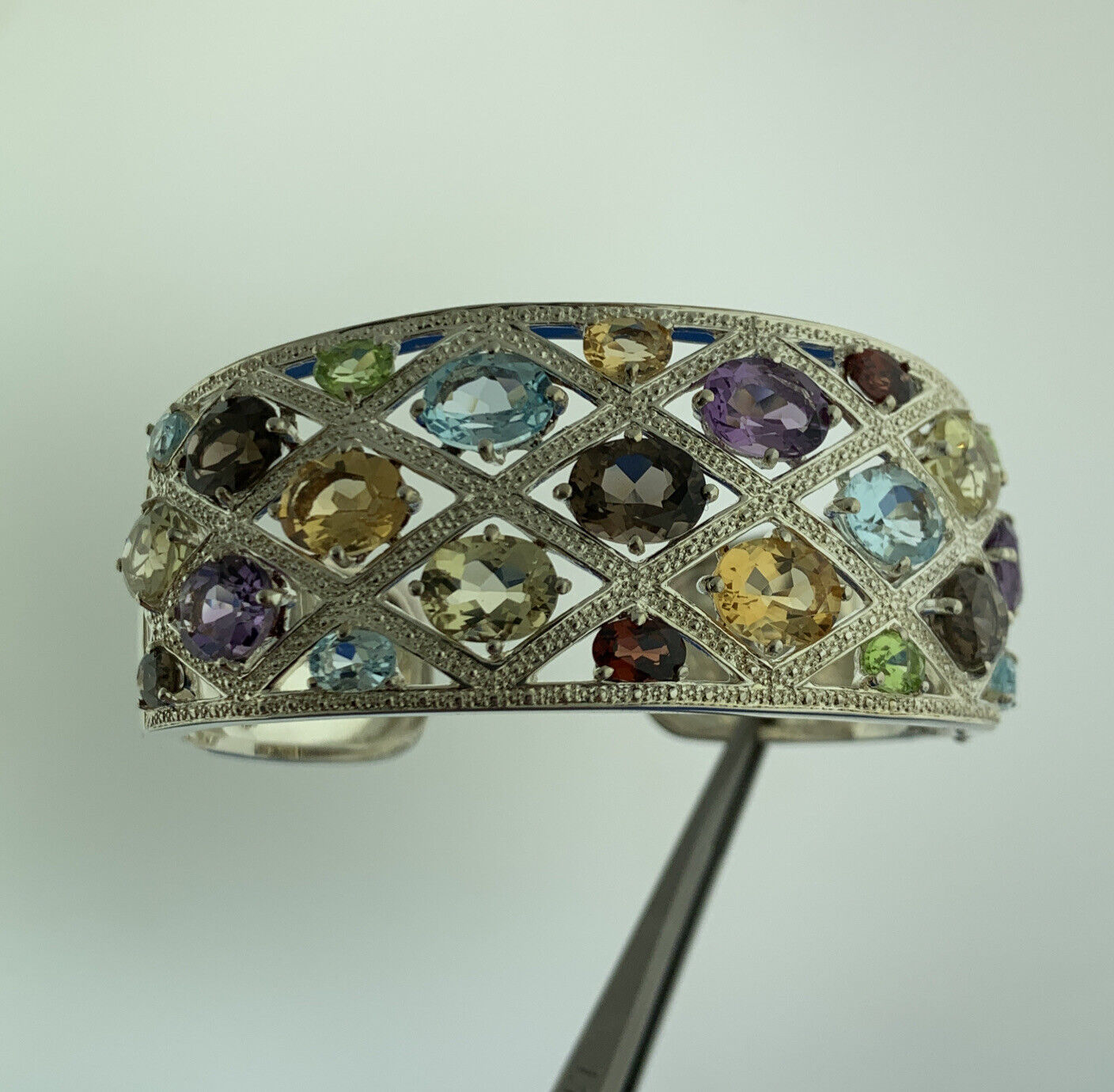 Designer Sterling Silver Multicolor Oval Quartz Statement Hinged Cuff Bracelet