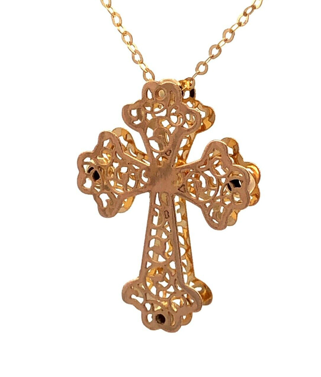 Estate Italy 14K Yellow Gold Open Work Scroll Cross Pendant Necklace