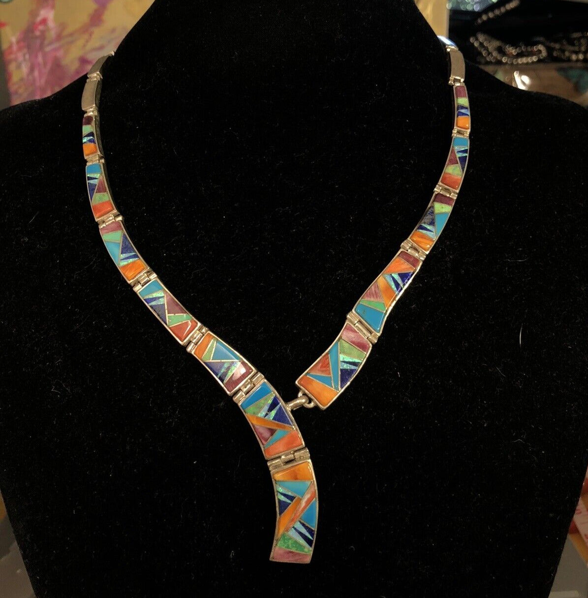 Calvin Begay Navajo Sterling Silver Gemstone Inlay Statement Collar Necklace