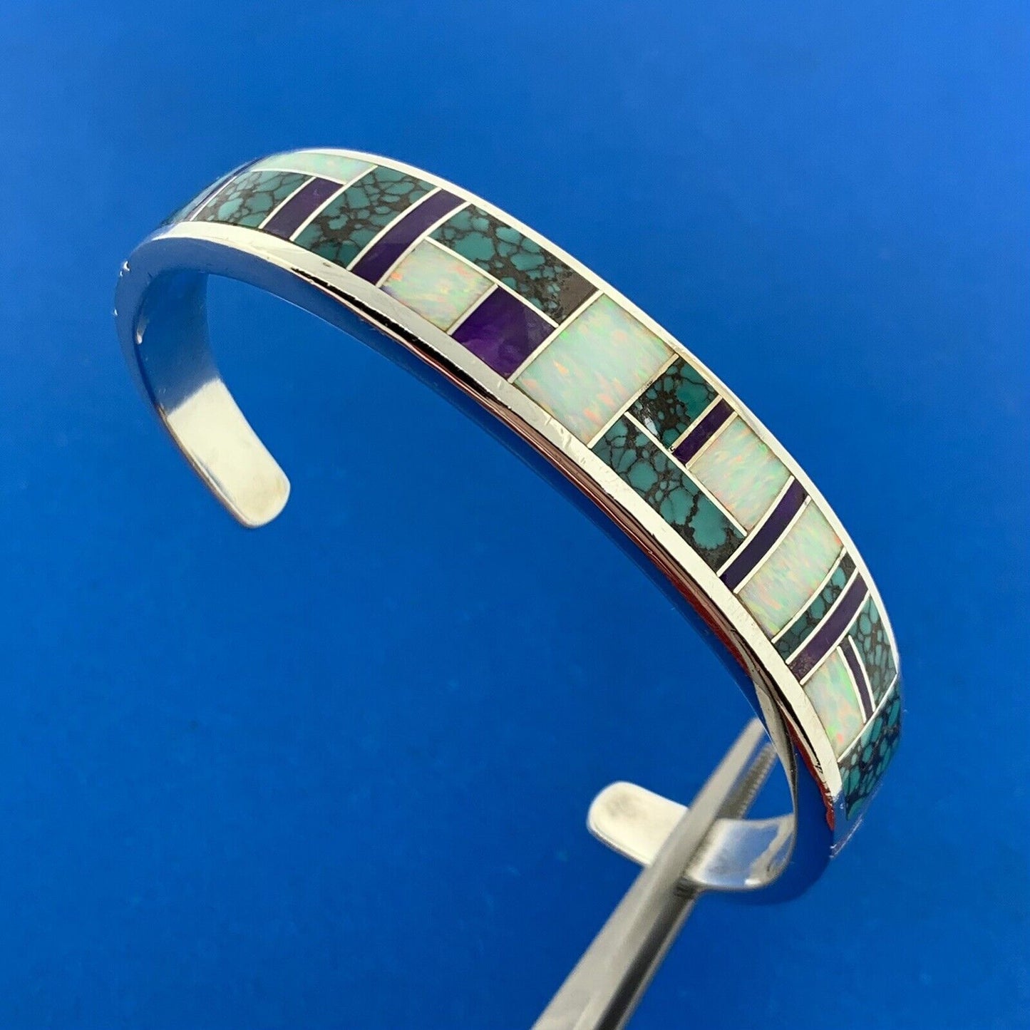 C Willie/D Rosales Sterling Silver Opal Spiderweb Turquoise Amethyst Inlay Cuff