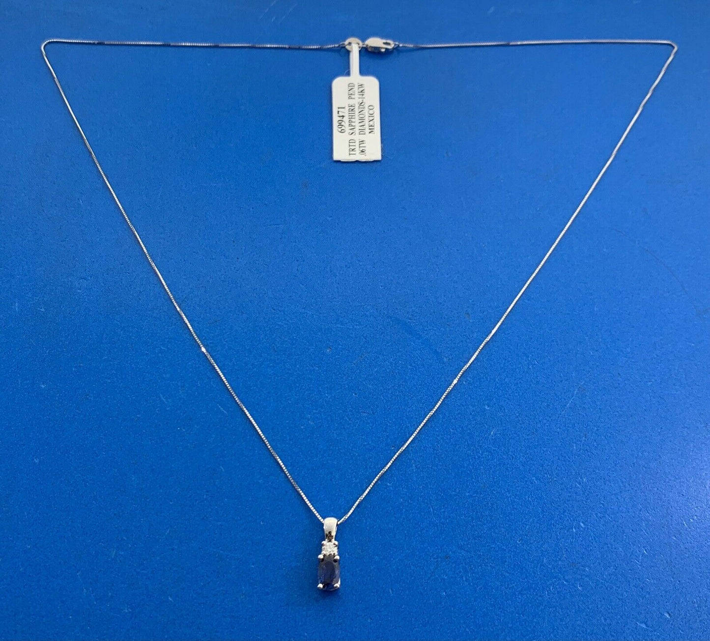 Designer 14K White Gold Oval Sapphire Round Diamond Petite Pendant Necklace