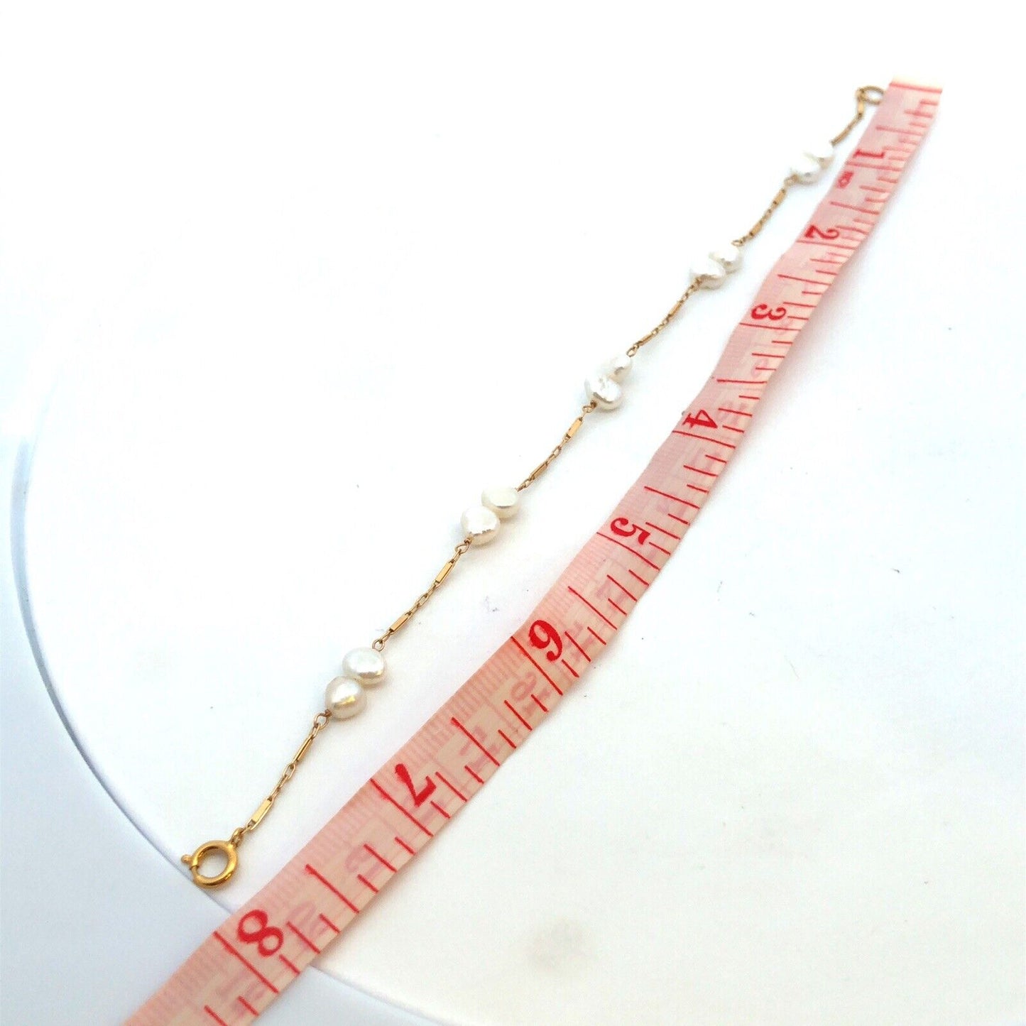 Estate 14K Yellow Gold White Pearl Beaded Station Bar Link Chain Bracelet