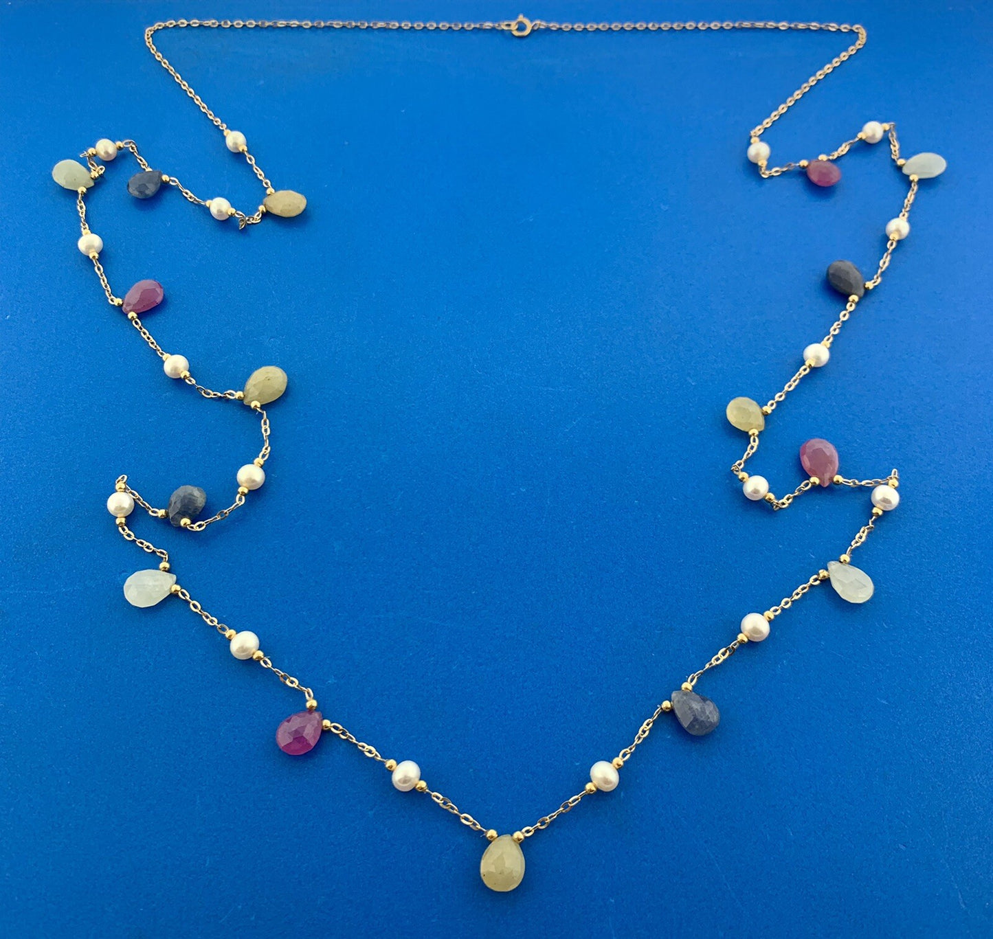 Designer 18K Yellow Gold Spinel Ruby Sapphire Pearl Station Long Chain Necklace