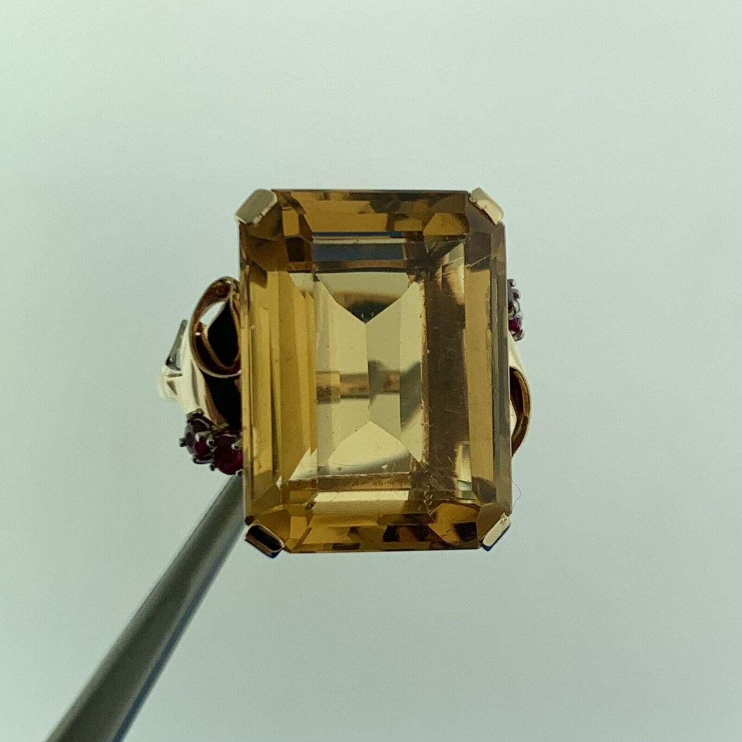 Vintage 14K Yellow Gold Emerald Cut Citrine Ruby Diamond Accent Statement Ring