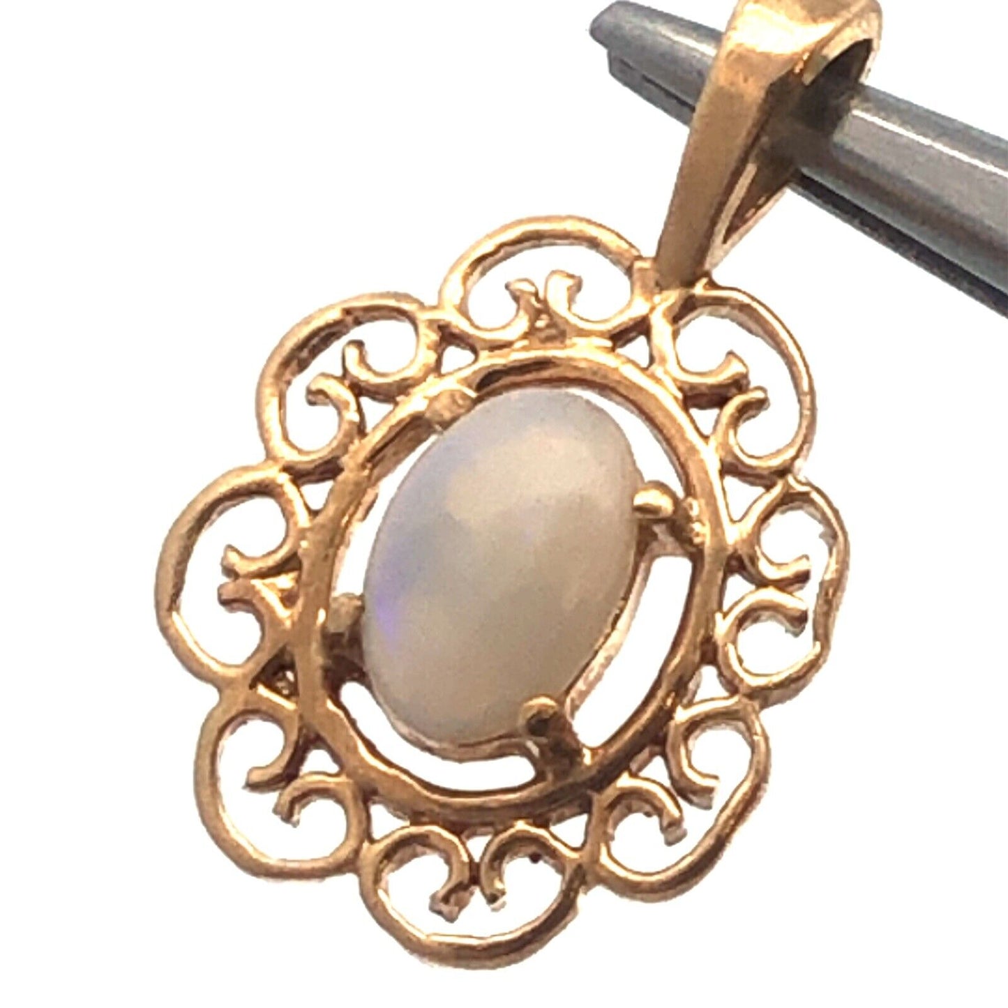 Vintage 10K Yellow Gold Oval Opal Filigree Open Scroll Petite Pendant