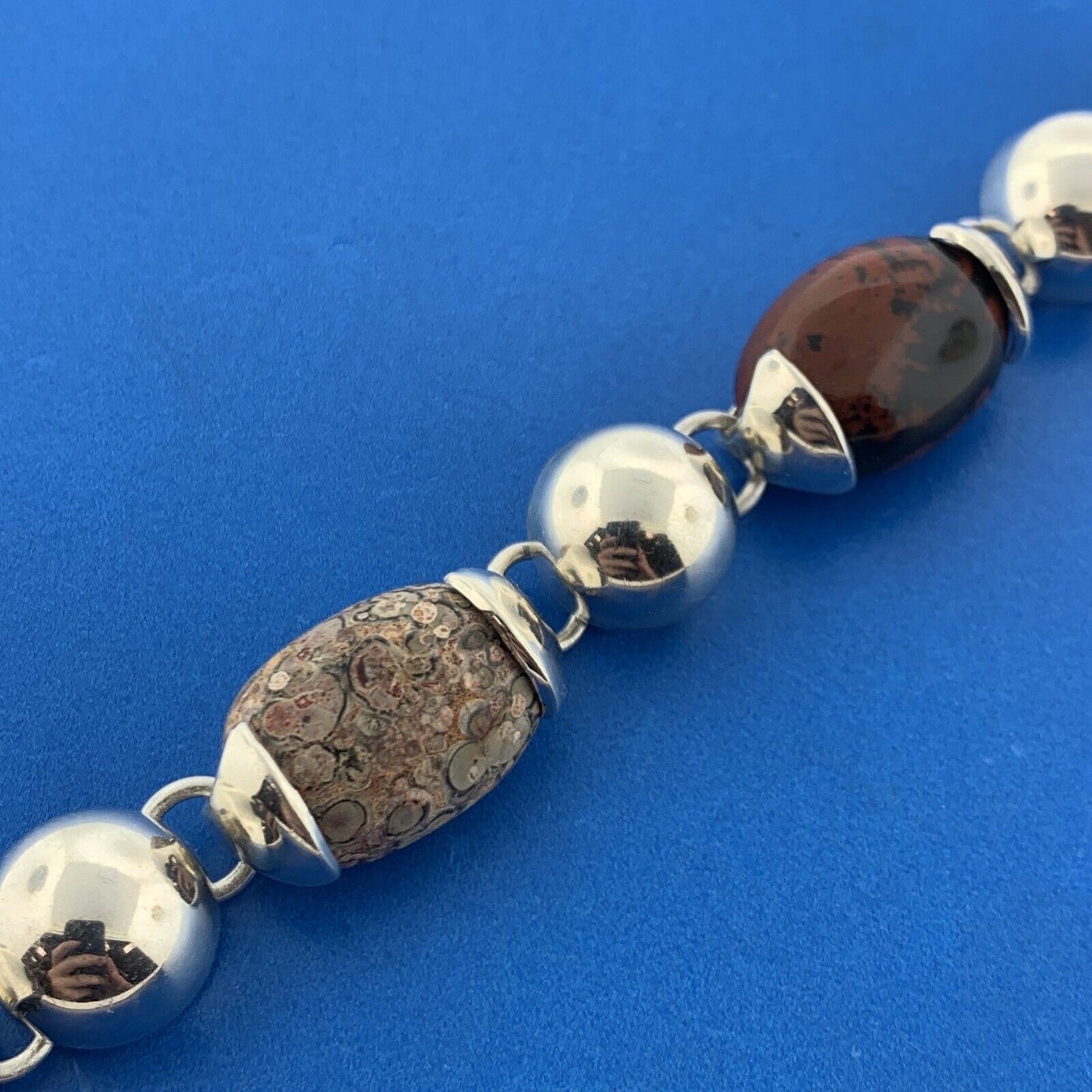 Stunning Mexican Sterling Silver 925 Oval Agate Jasper Onyx Quartz 7.5" Bracelet