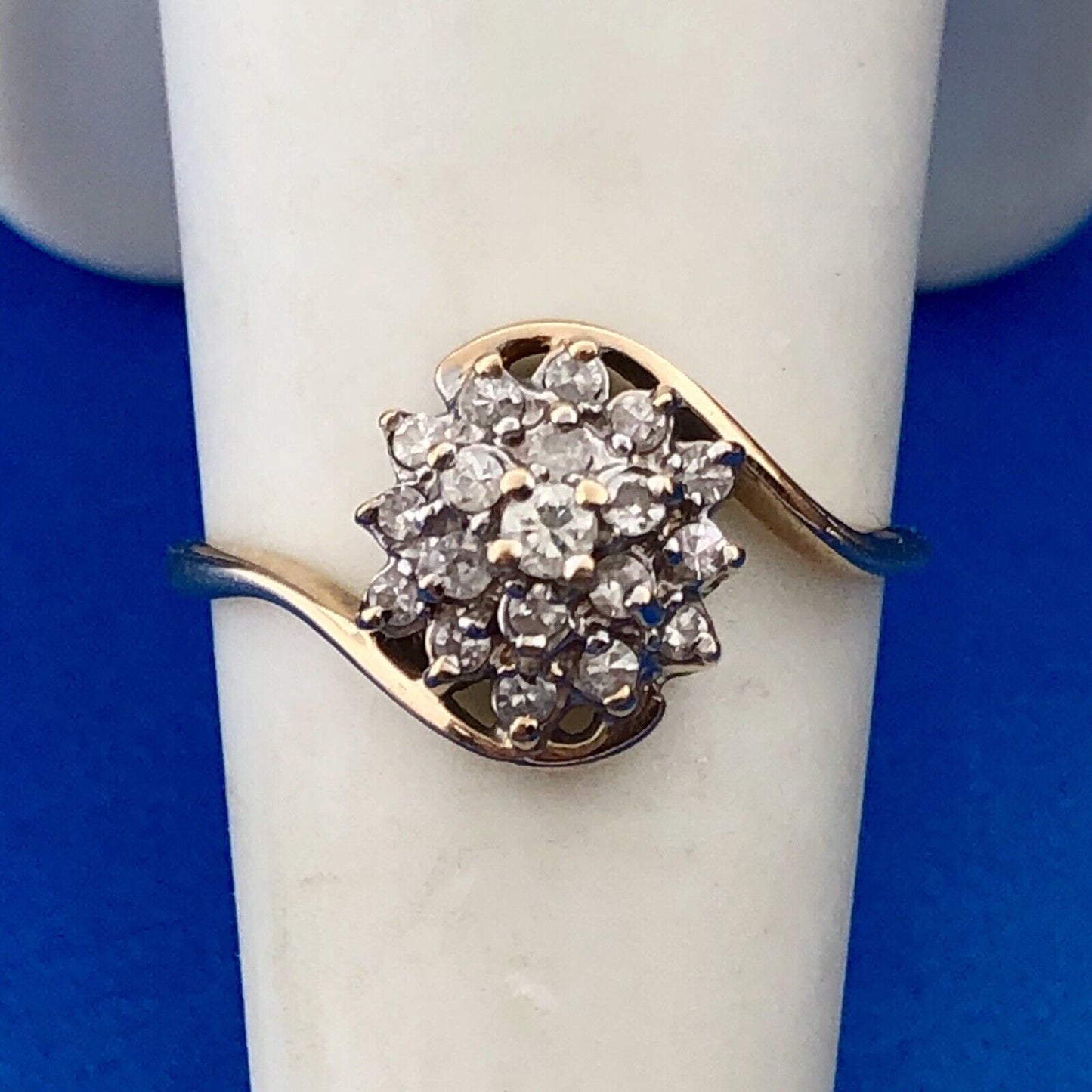 Retro 14K Yellow Gold Diamond Floral Cluster Bypass Engagement Bridal Ring