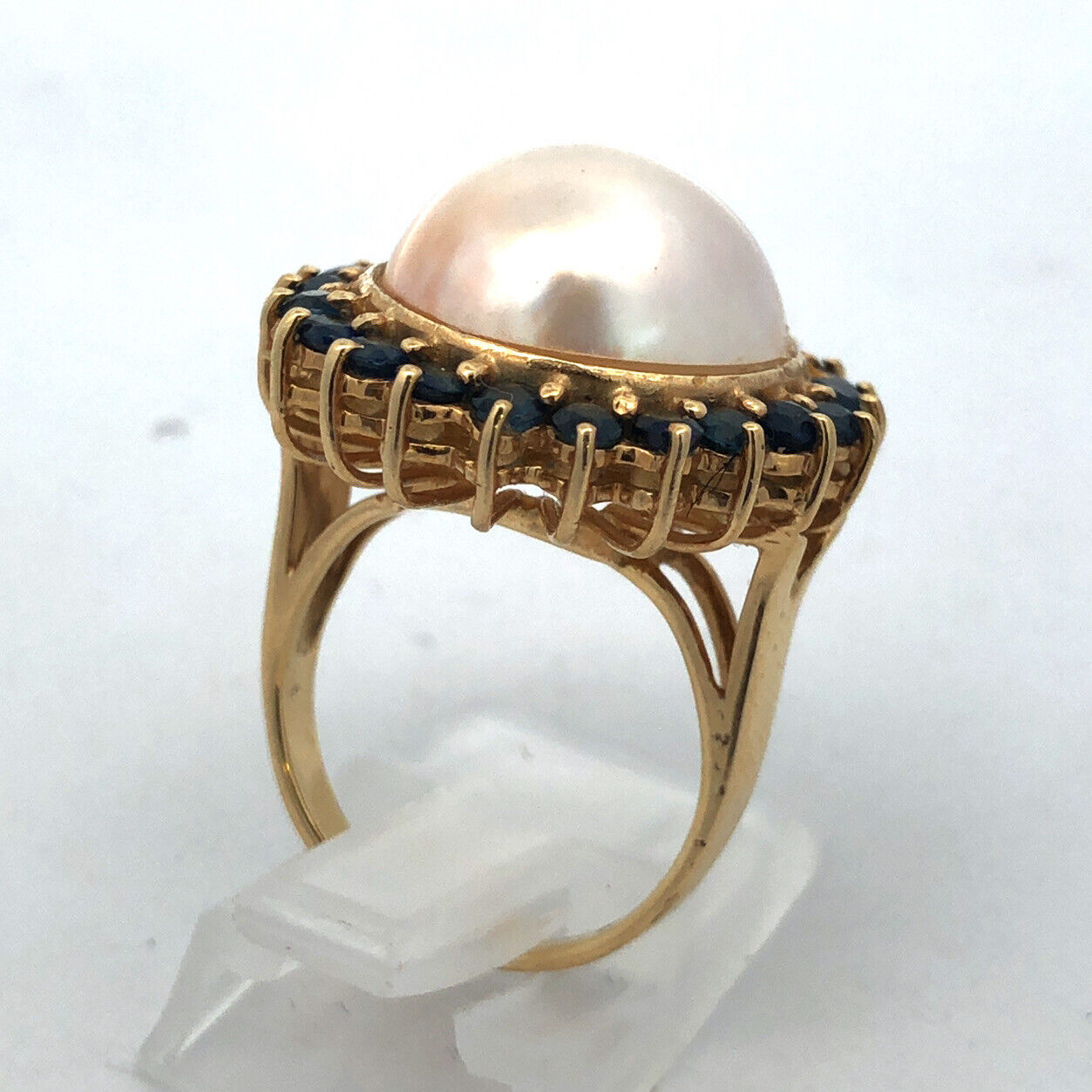 Vintage Designer 14K Yellow Gold Mabe Pearl Sapphire Halo Statement Cocktail Rin