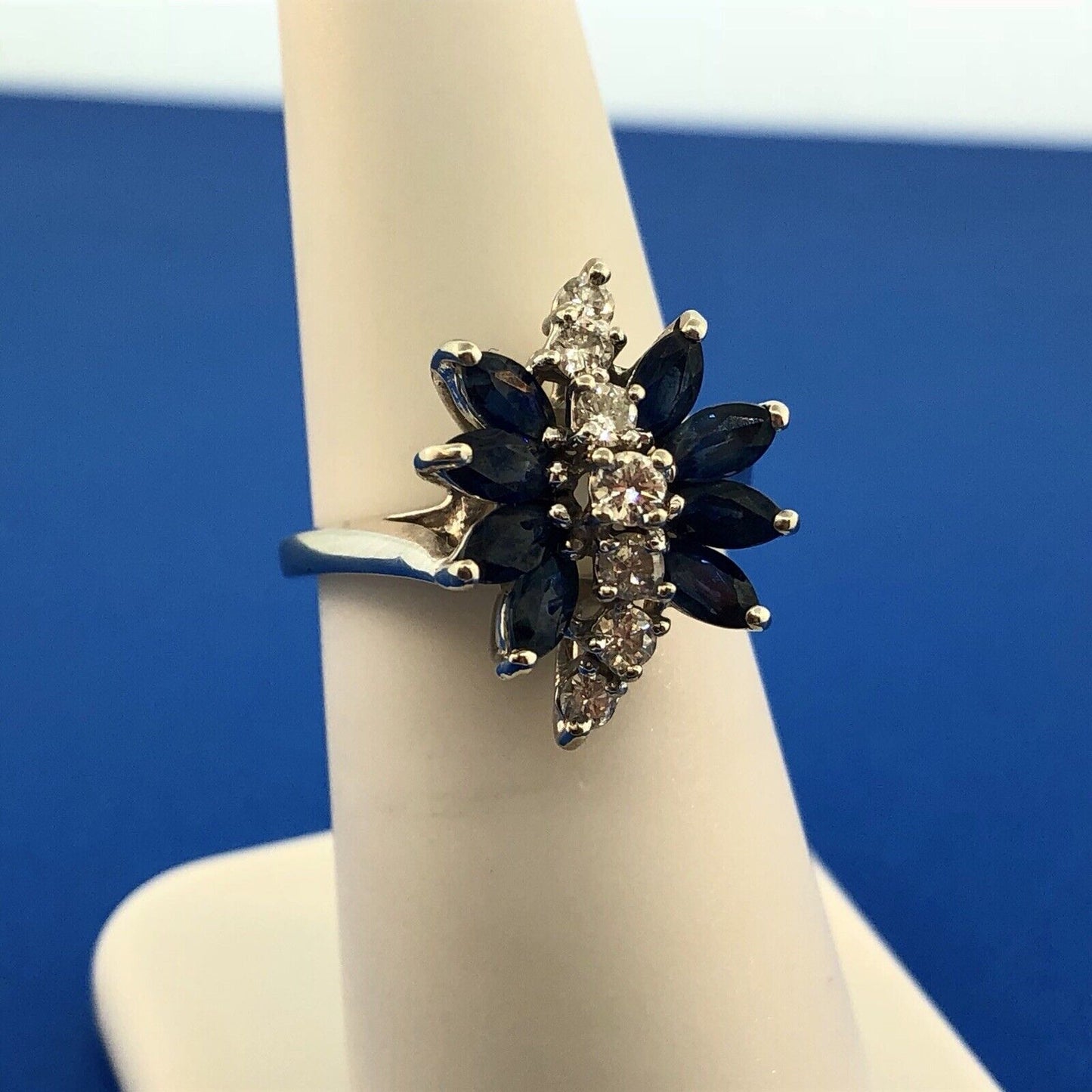 Vintage 14K White Gold Diamond Sapphire Waterfall September Anniversary Ring