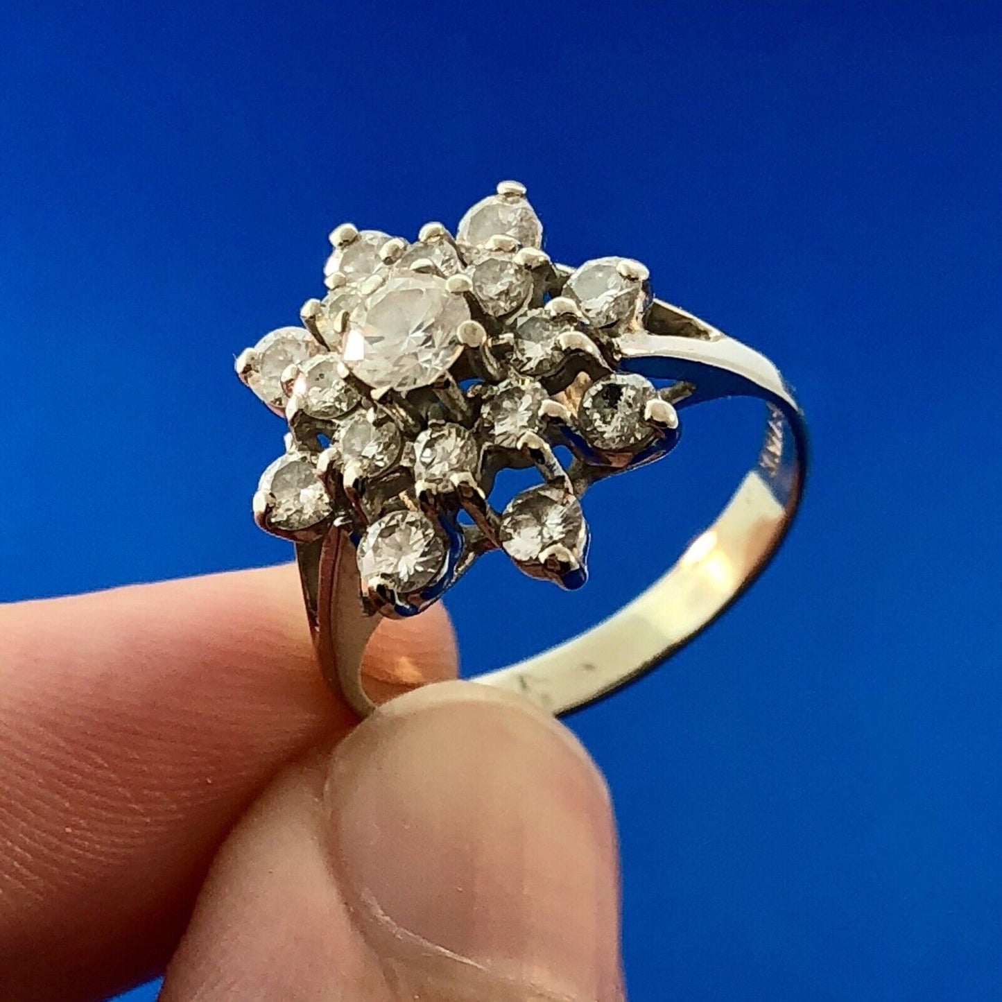 Art Deco 14K White Gold Diamond Starburst Floral Cluster Bridal Anniversary Ring