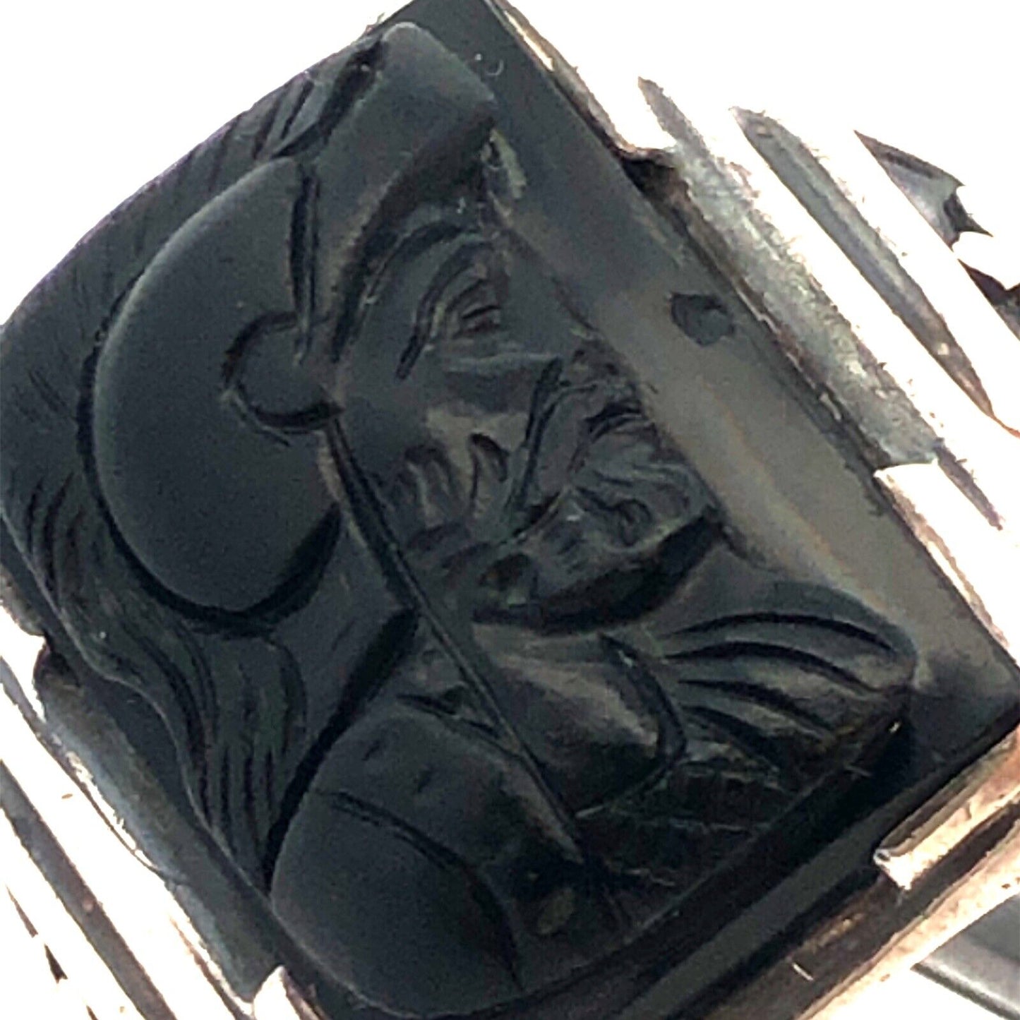 Designer G 925 Sterling Silver Carved Black Onyx Viking Roman Soldier Mens Ring