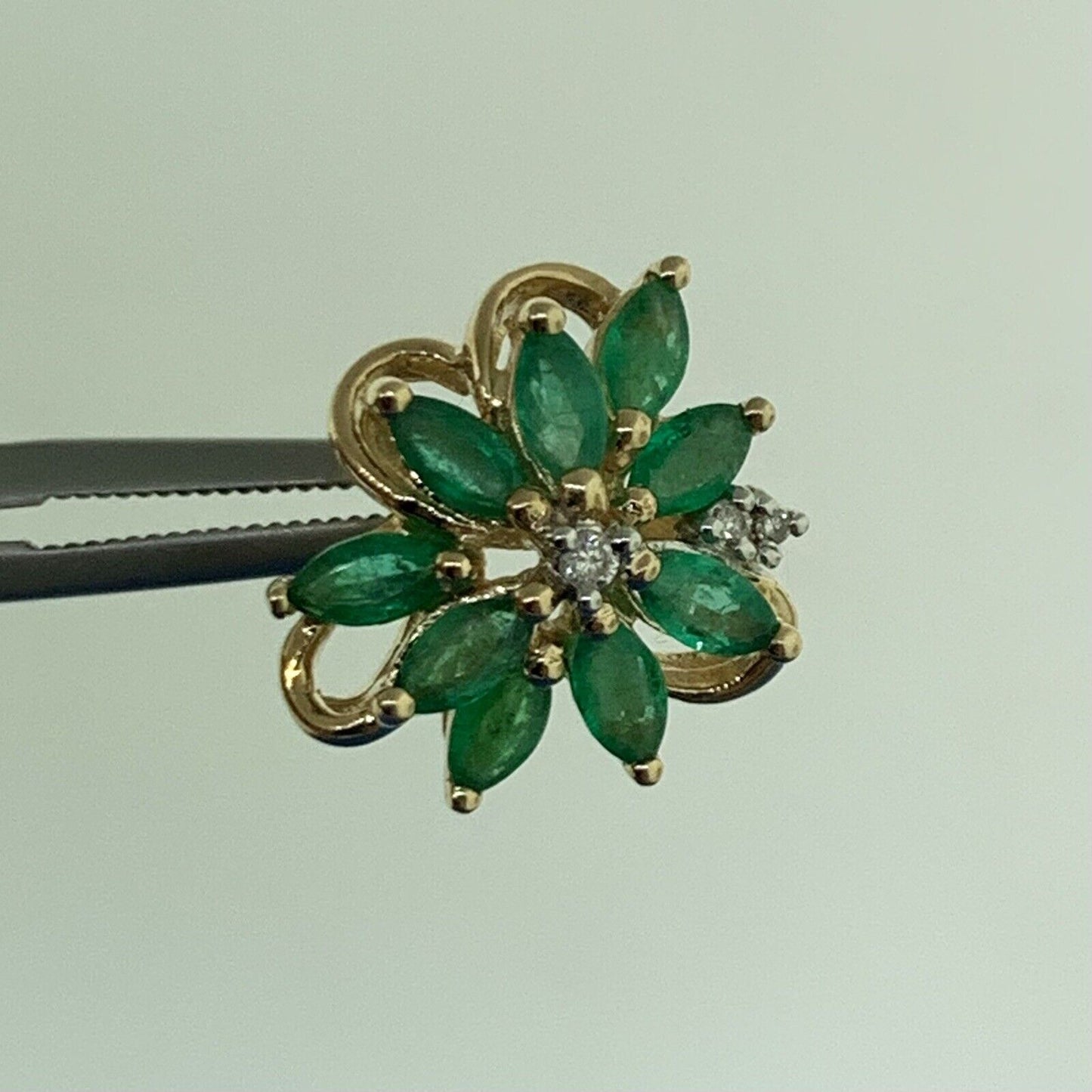 Designer 10K Yellow Gold Marquise Emerald Diamond Accented Floral Stud Earrings