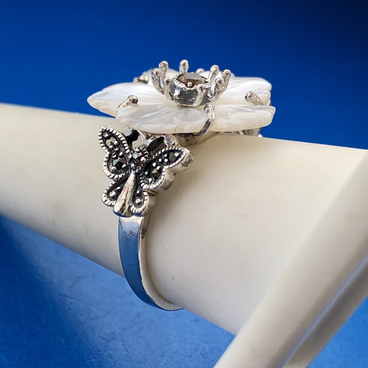 Sterling Silver Citrine Marcasite Mother of Pearl Flower Butterfly Ring Size 9