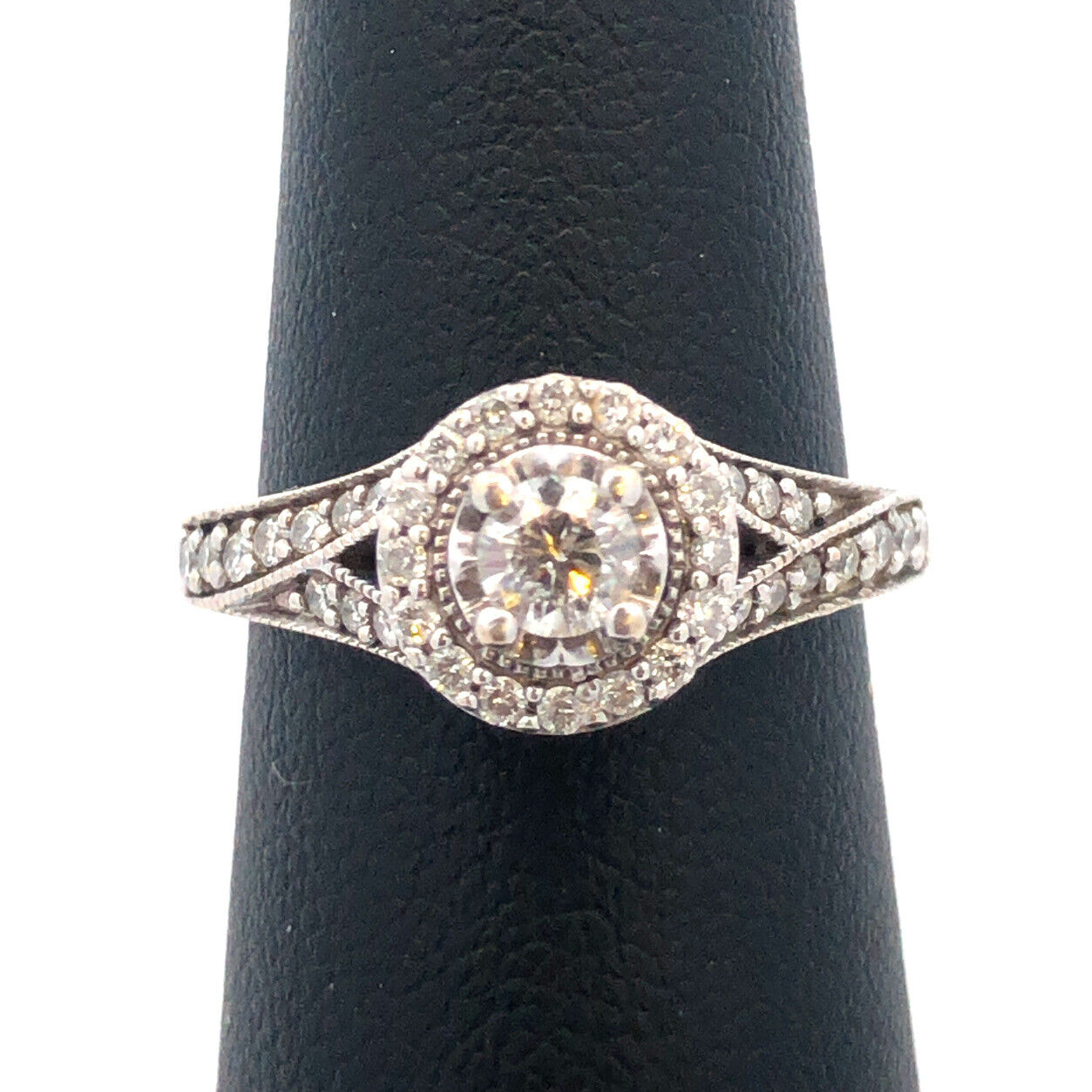 ZEI 14K White Gold Diamond Solitaire W/Halo Engagement Bridal Wedding Ring