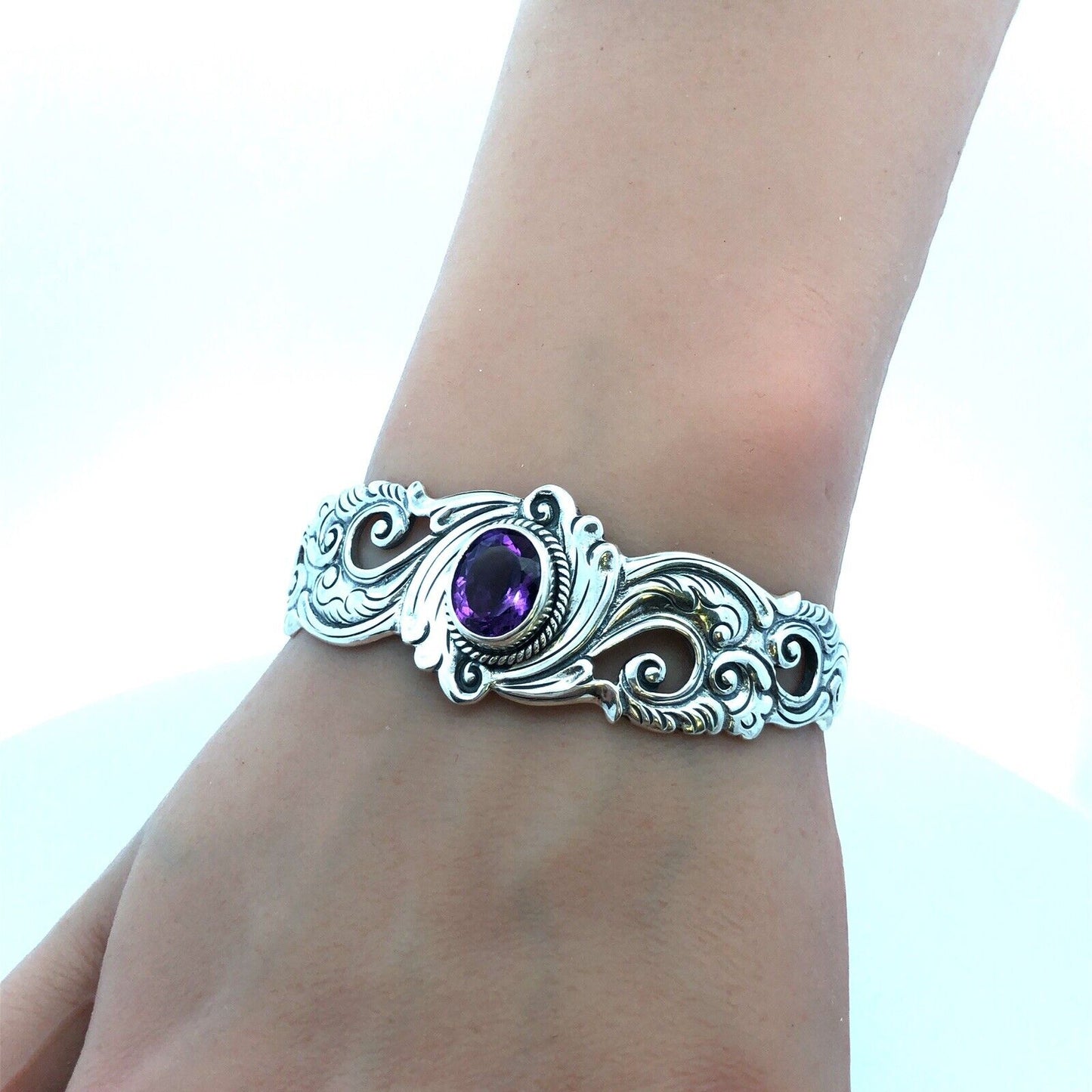 Vintage 925 Sterling Silver Oval Amethyst Floral Scroll Open Cuff Bracelet