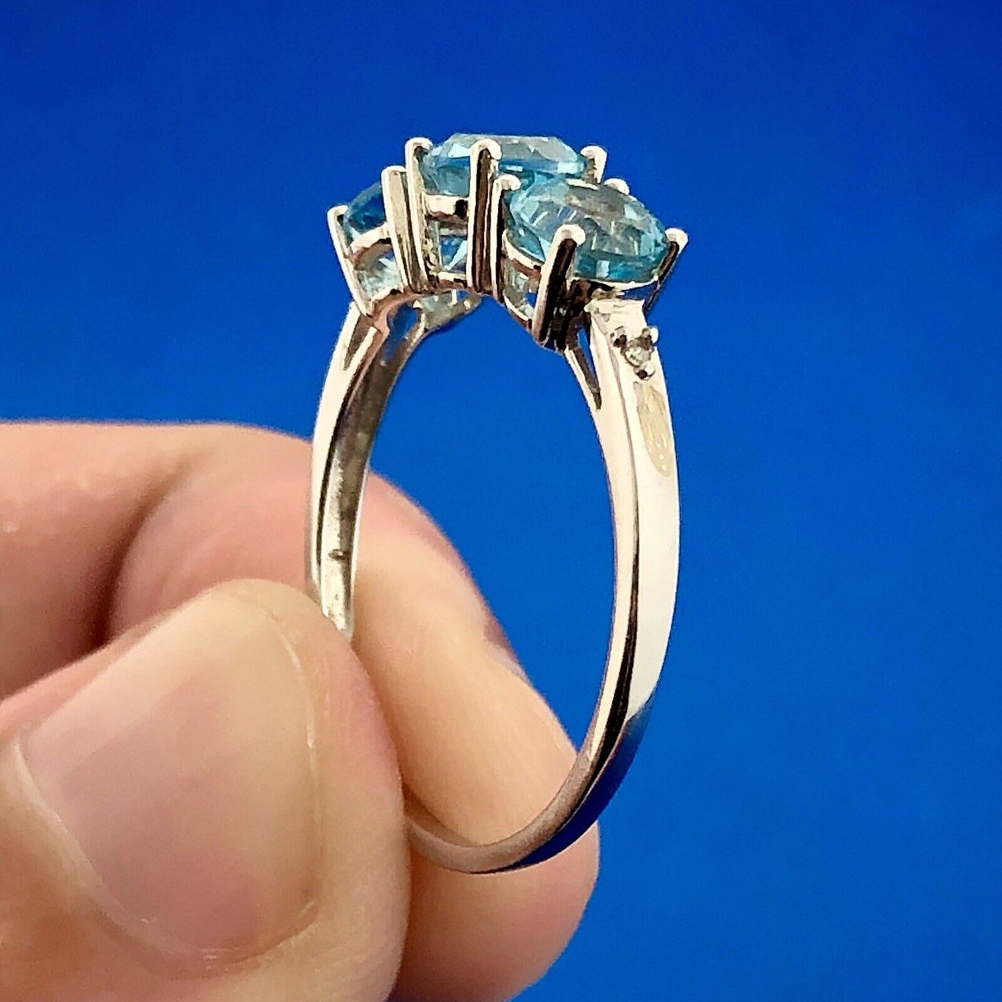 Designer 10K White Gold Blue Topaz Diamond Engagement Birthstone Cocktail Ring