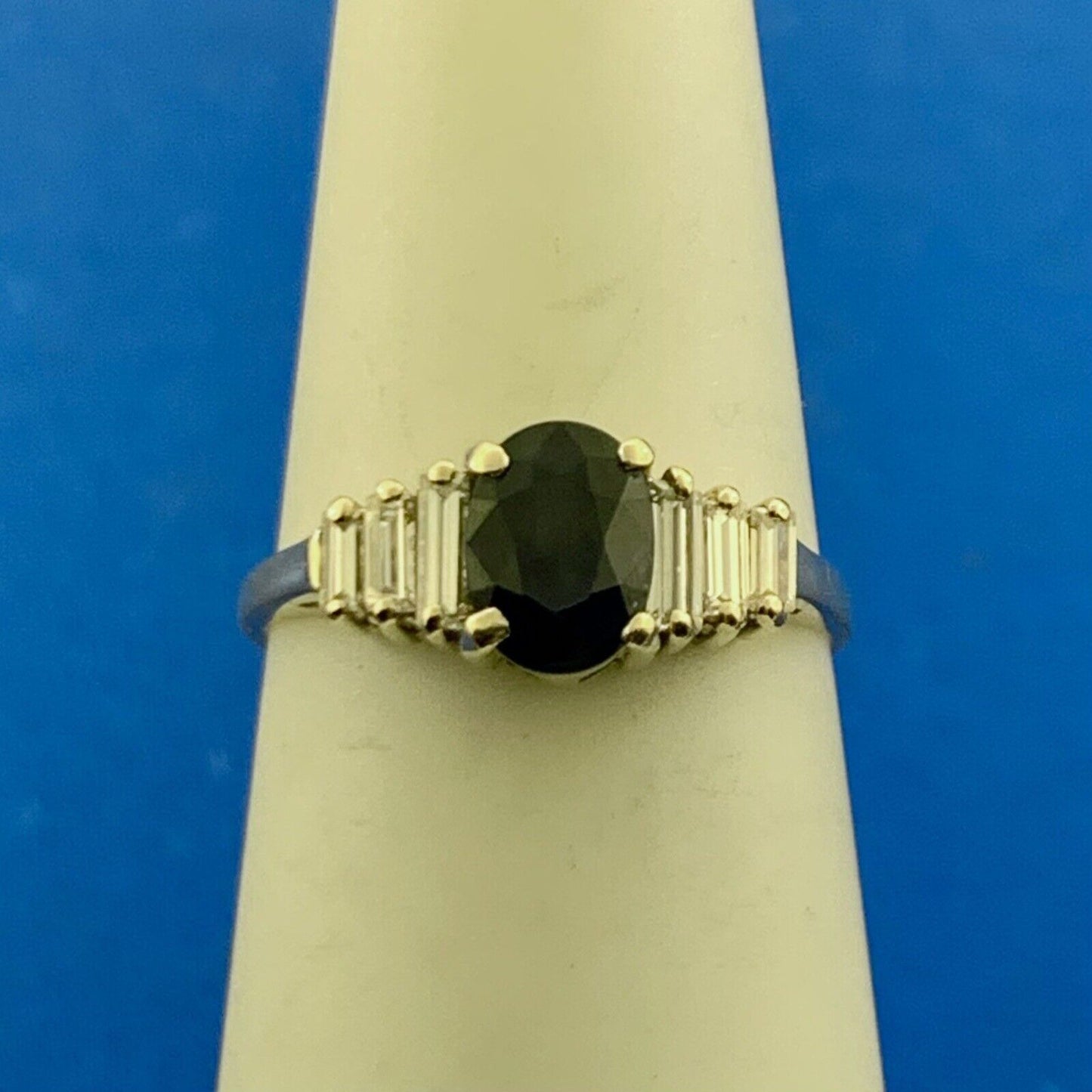 Designer 14K Yellow Gold Oval Sapphire Diamond Accent Anniversary Ring