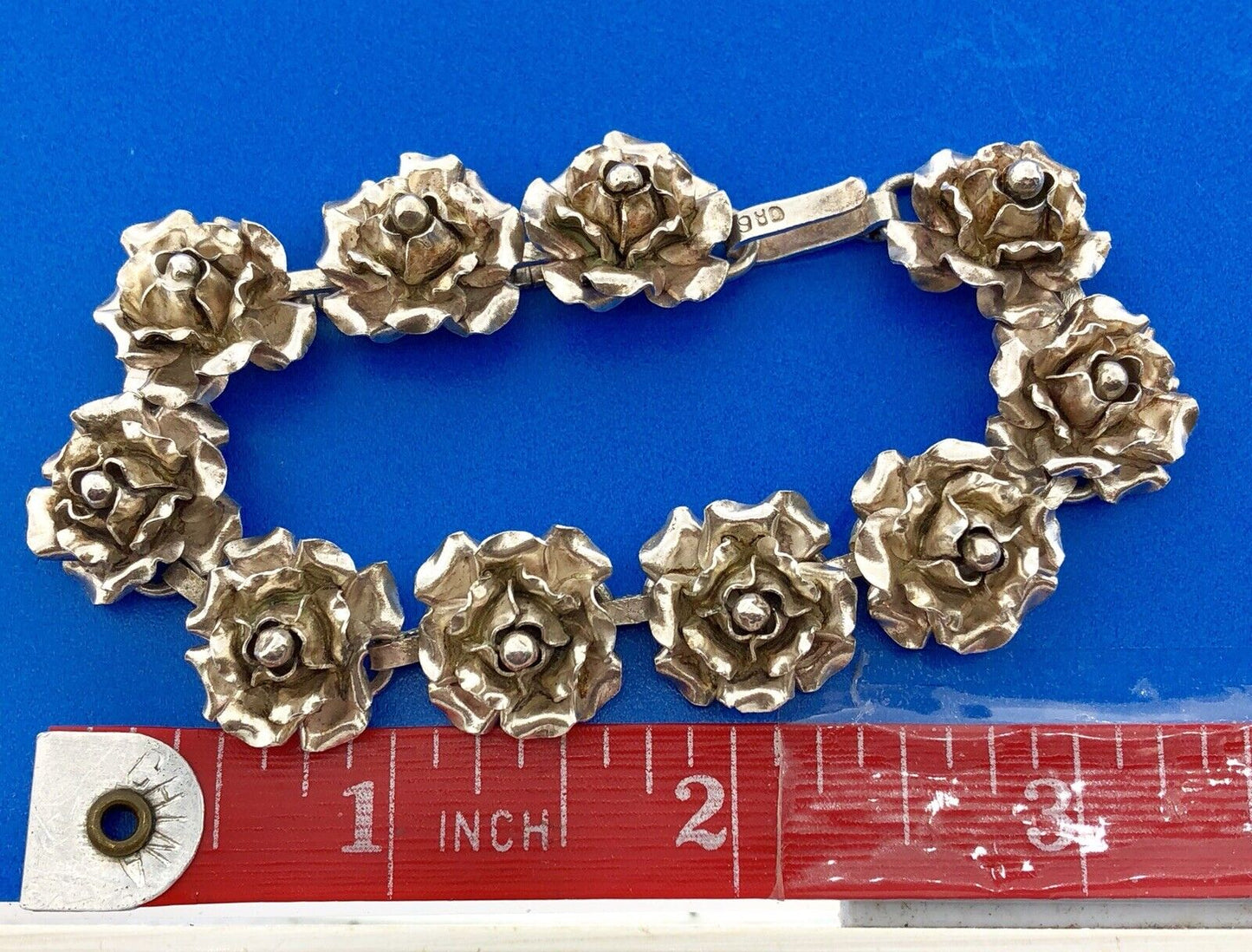 Vintage TB-50 Taxco 980 Fine Silver Rose Floral Statement Panel Bracelet